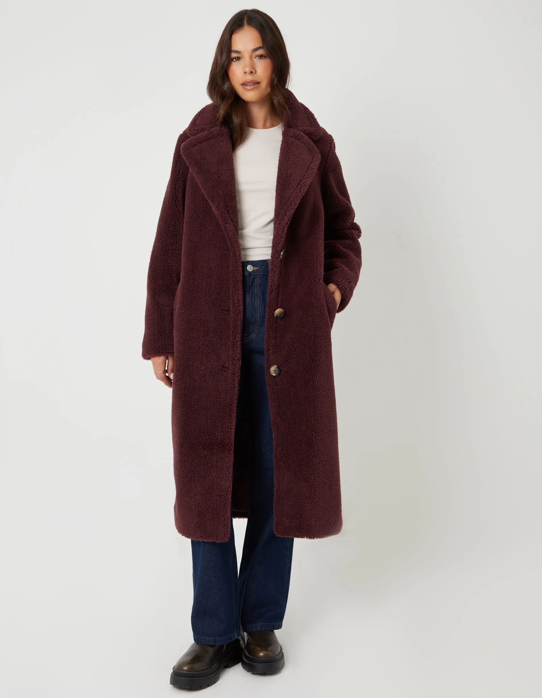 Berry Red Longline Borg Teddy Coat sold by Threadbare product image thumbnail 3