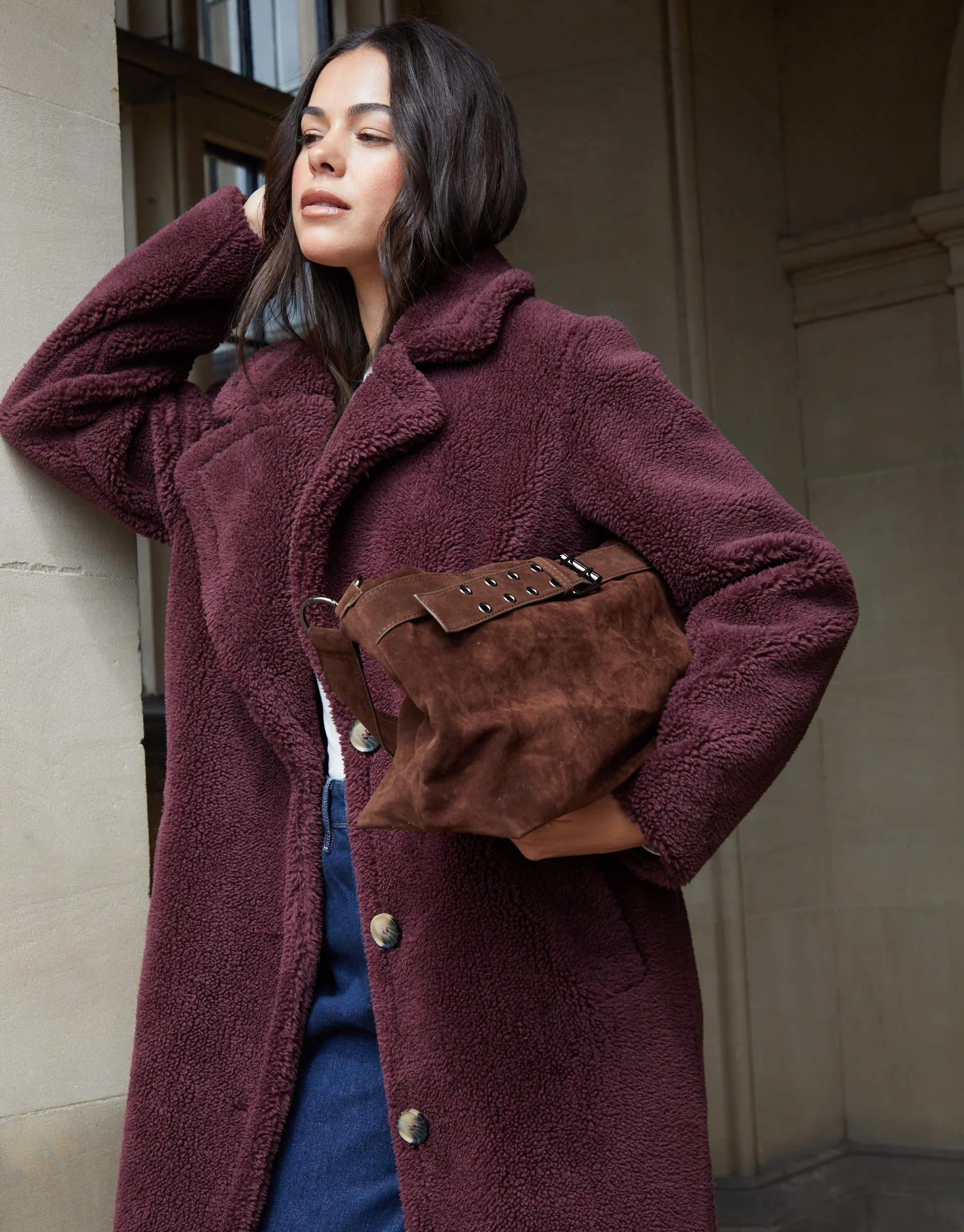 Berry Red Longline Borg Teddy Coat sold by Threadbare