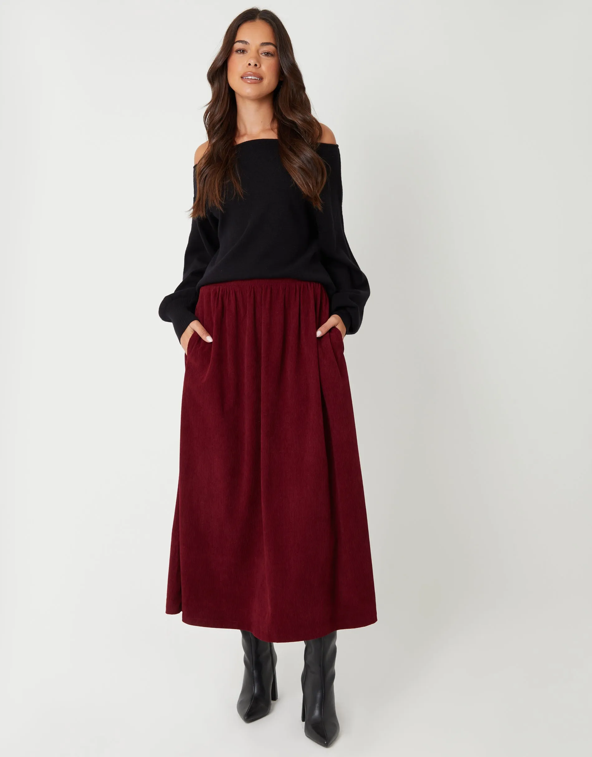 Berry Red Corduroy Pull On Midaxi Skirt sold by Threadbare product image thumbnail 2