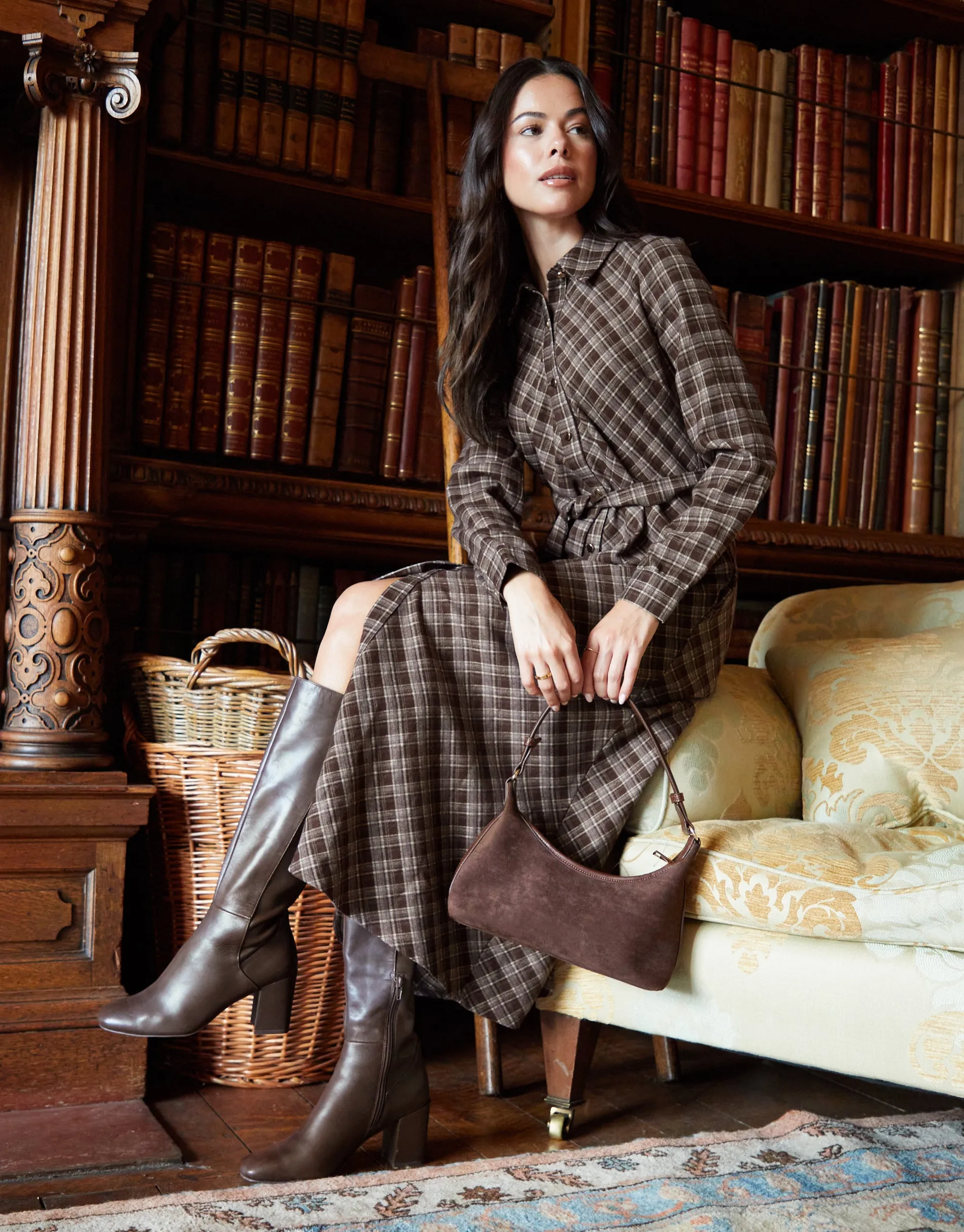 Chocolate Brown Check Belted Midi Shirt Dress sold by Threadbare