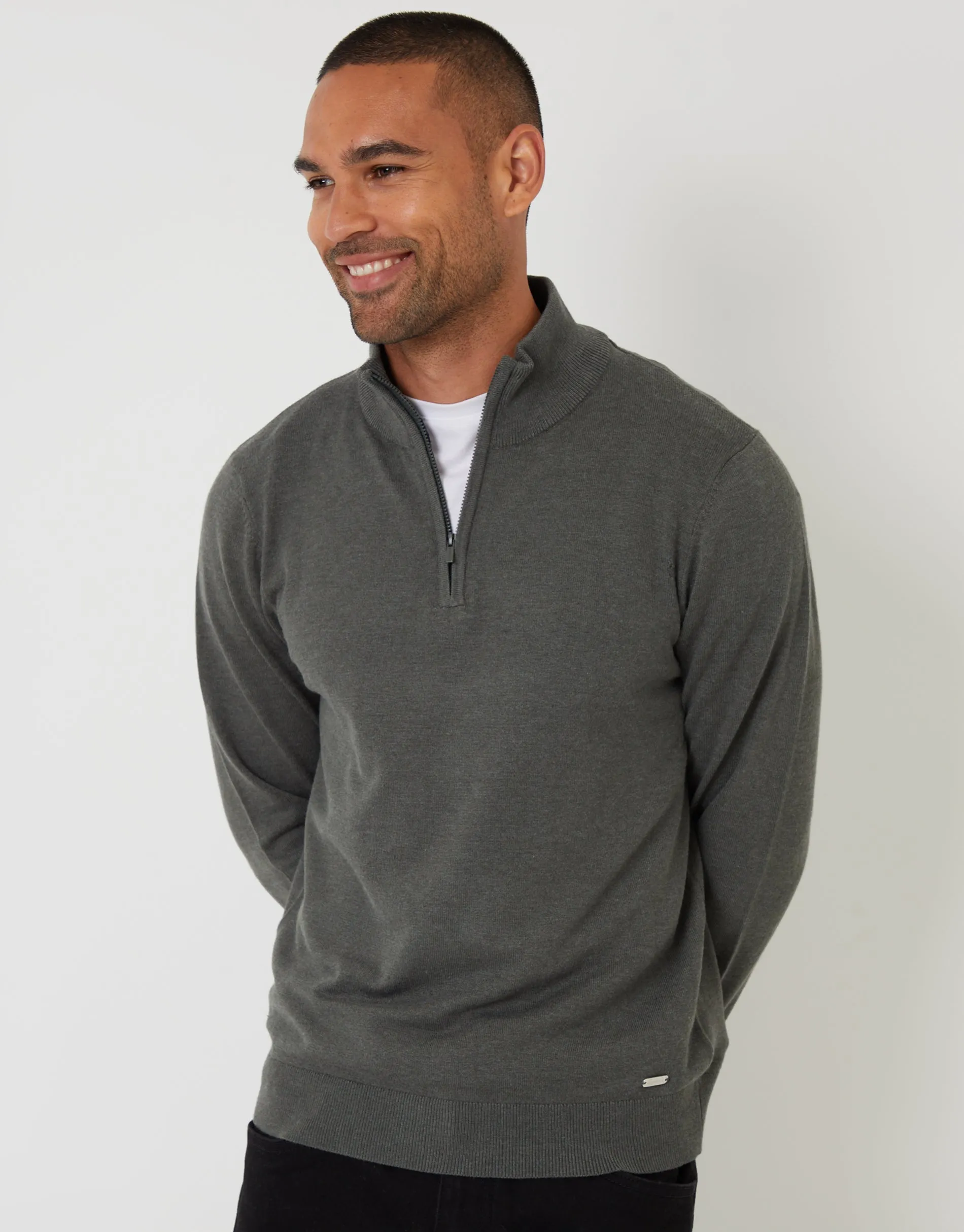 Green Marl Funnel Neck Quarter Zip Knitted Jumper sold by Threadbare