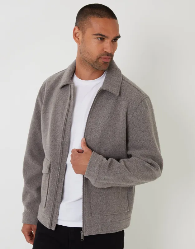 Taupe Faux Wool Collared Lightweight Utility Jacket sold by Threadbare