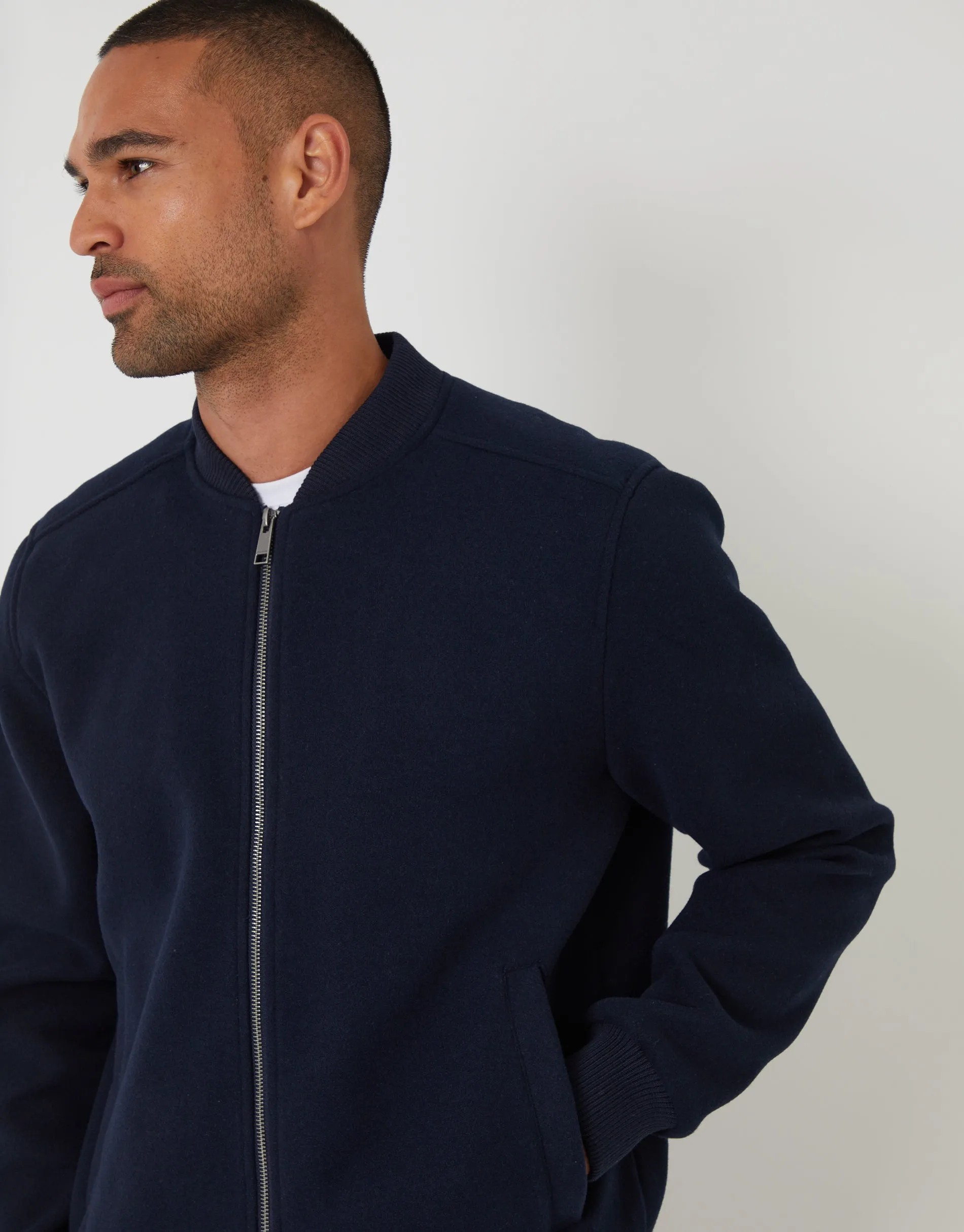 Navy Faux Wool Bomber Jacket sold by Threadbare product image thumbnail 4