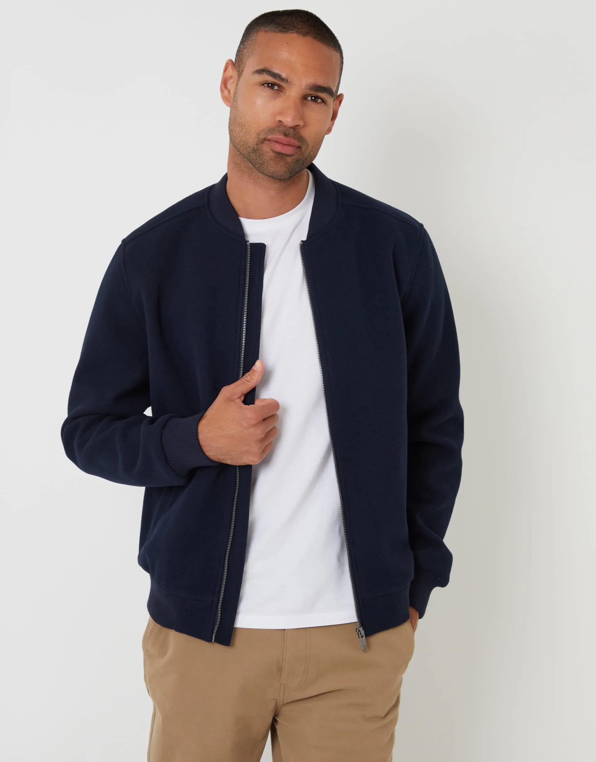 Navy Faux Wool Bomber Jacket sold by Threadbare