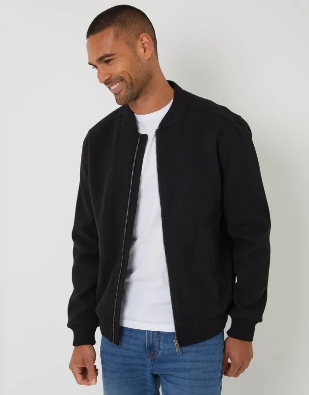 Black Faux Wool Bomber Jacket sold by Threadbare