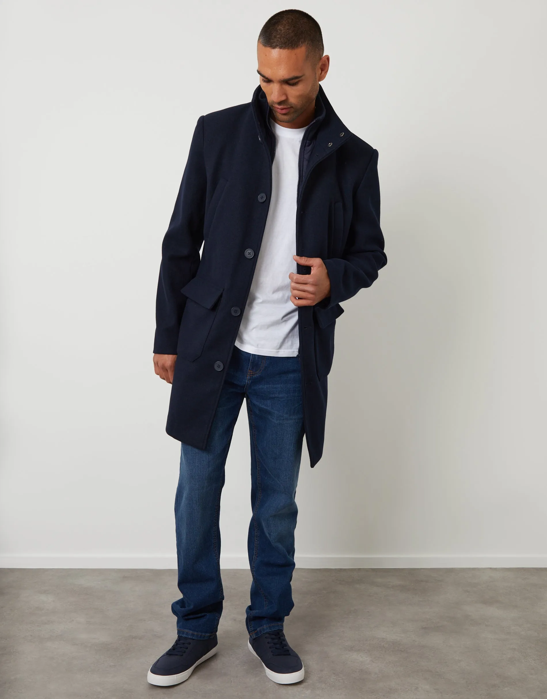 Navy Faux Wool Mock Layer Longline Utility Coat sold by Threadbare product image thumbnail 3