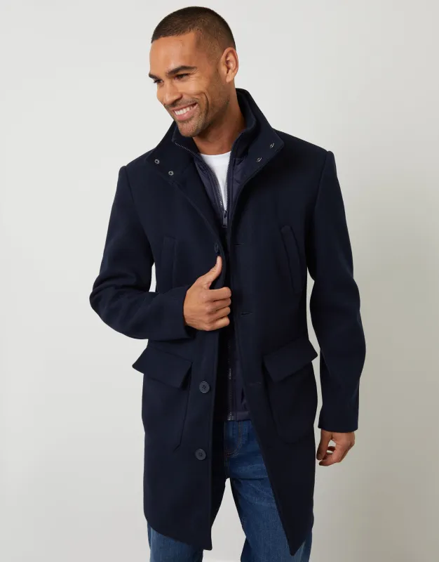 Navy Faux Wool Mock Layer Longline Utility Coat sold by Threadbare