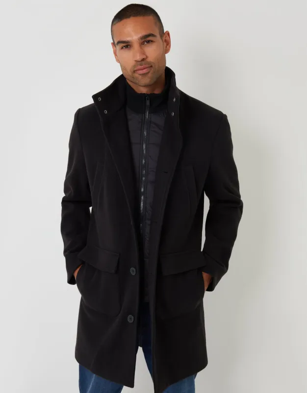 Black Faux Wool Mock Layer Longline Utility Coat sold by Threadbare
