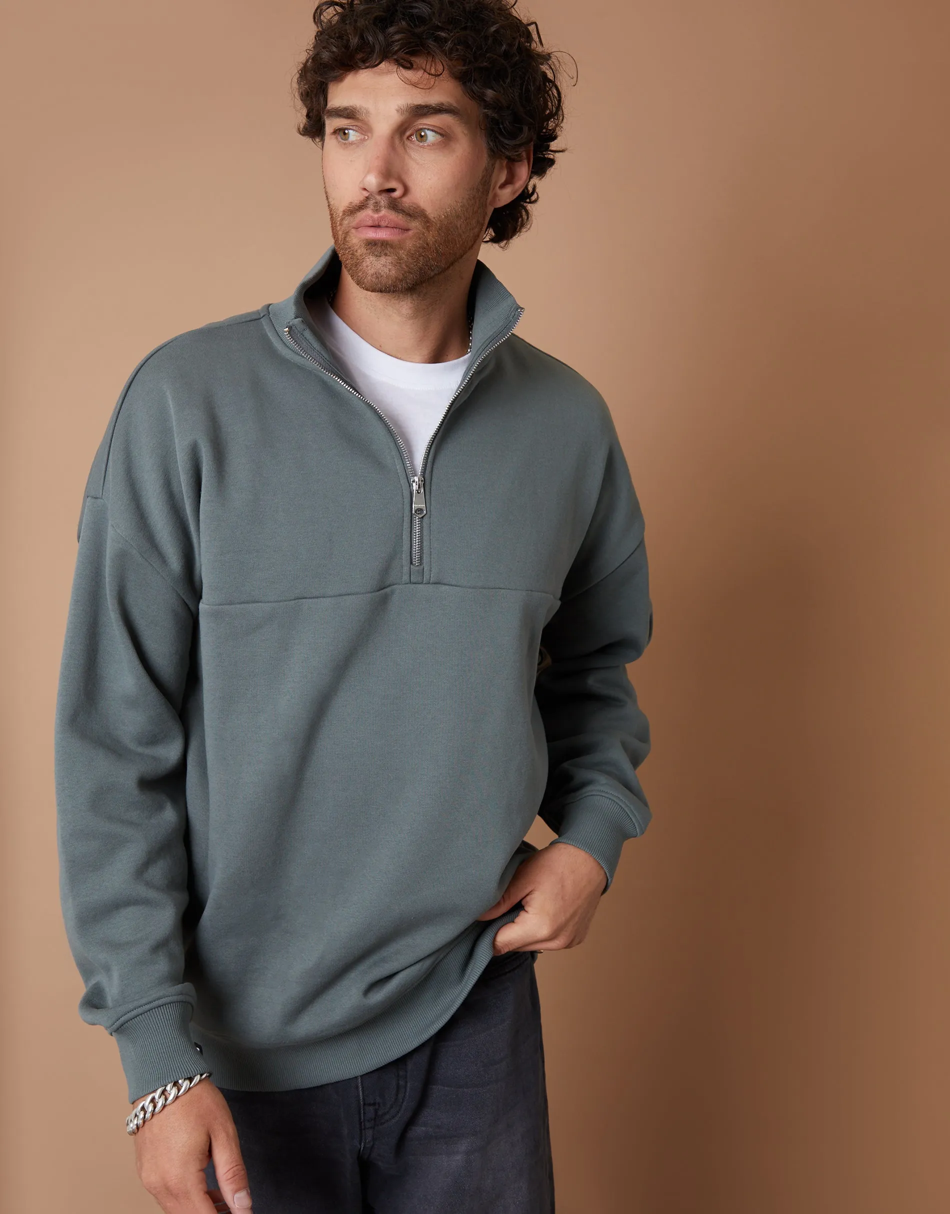 Petrol Blue Relaxed Fit Half Zip Sweatshirt sold by Threadbare