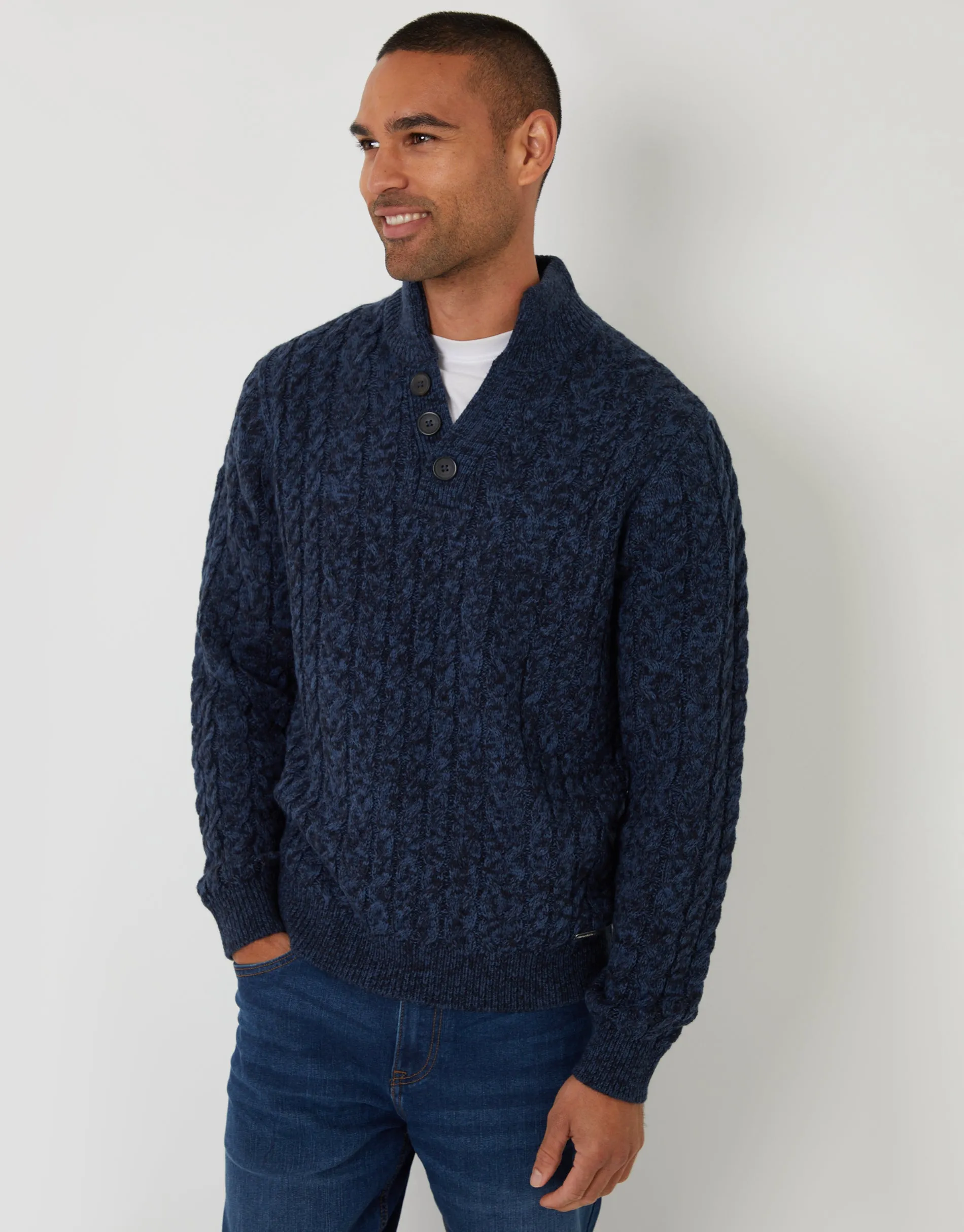Navy Twist Funnel Neck Cable Knit Jumper sold by Threadbare