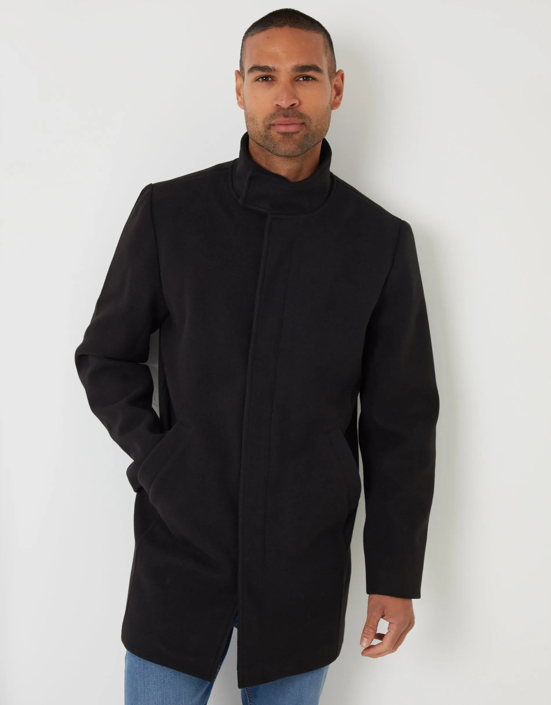 Black Longline Faux Wool Funnel Neck Coat sold by Threadbare