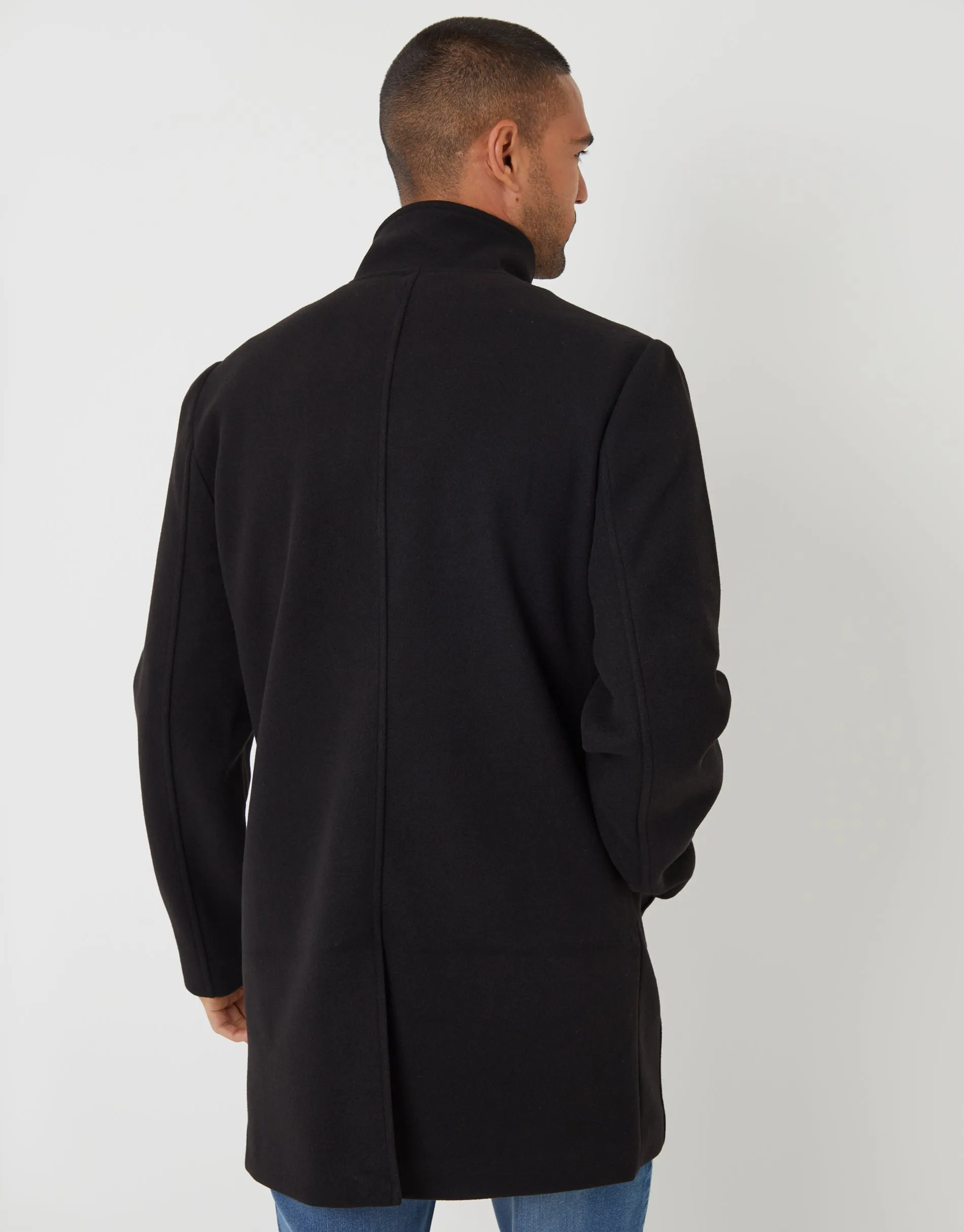 Black Longline Faux Wool Funnel Neck Coat sold by Threadbare product image thumbnail 2
