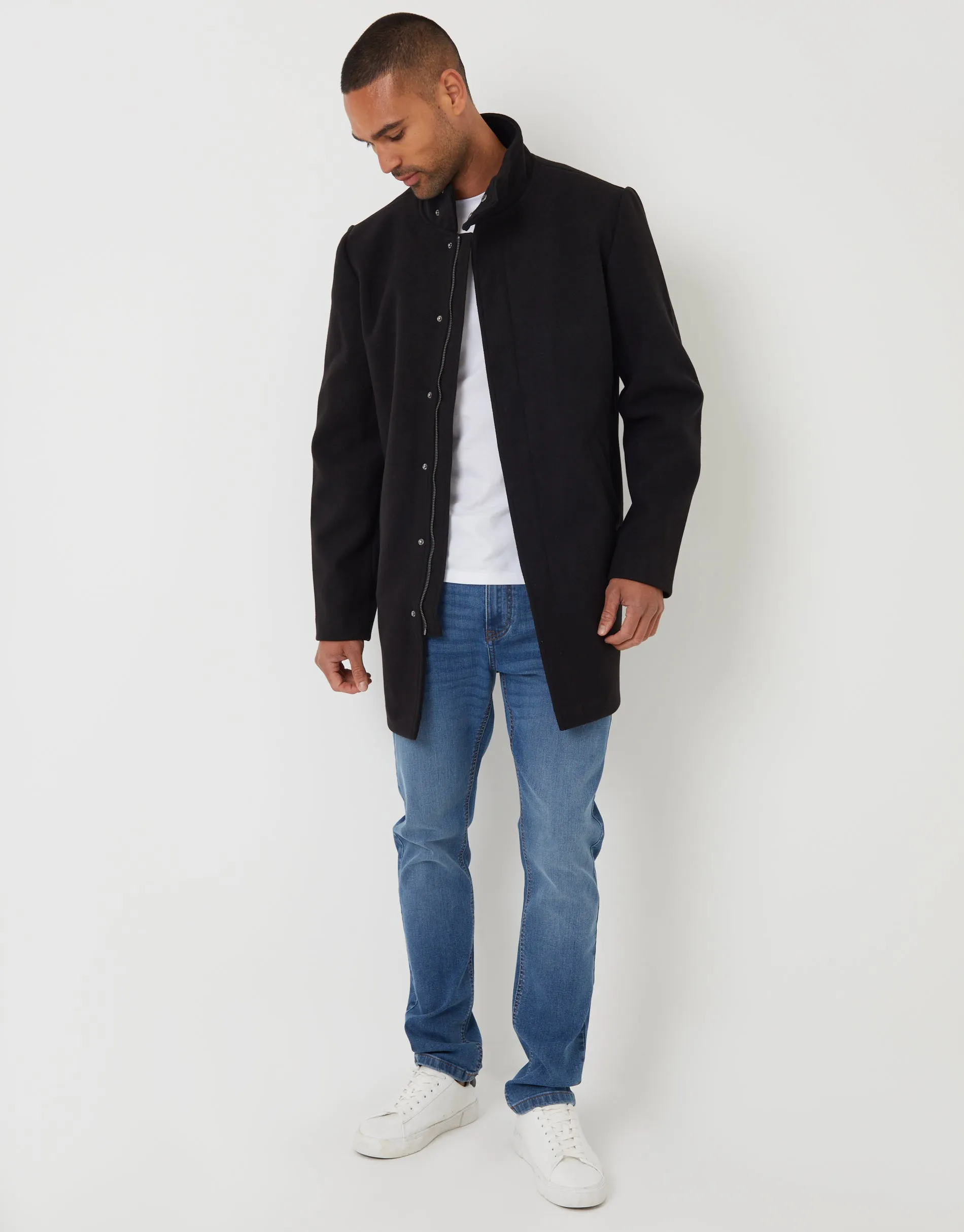 Black Longline Faux Wool Funnel Neck Coat sold by Threadbare product image thumbnail 3