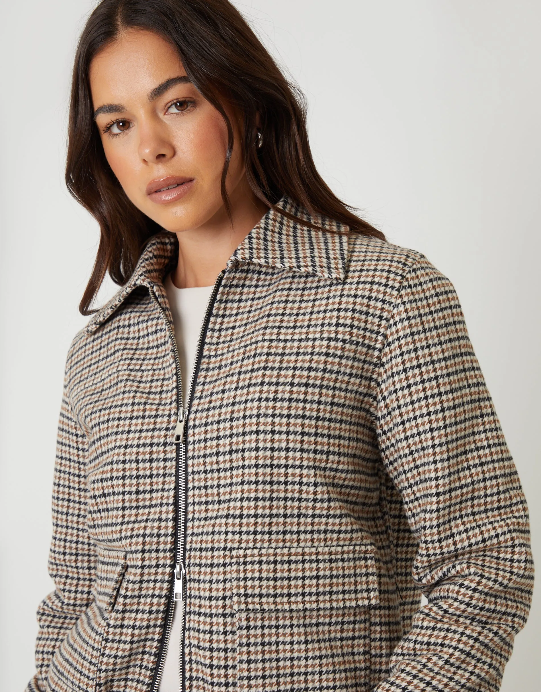 Brown Houndstooth Check Faux Wool Jacket sold by Threadbare product image thumbnail 3