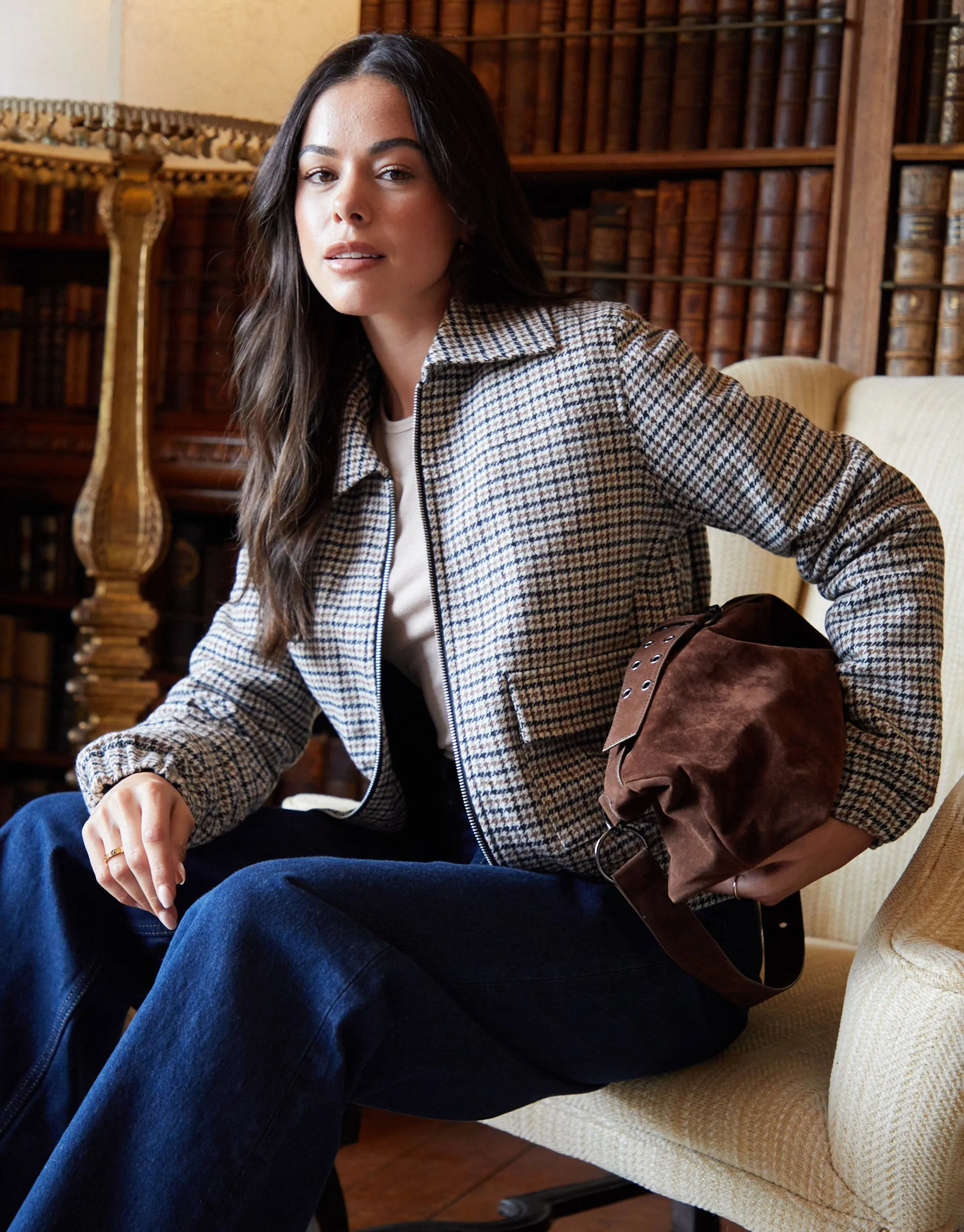 Brown Houndstooth Check Faux Wool Jacket sold by Threadbare