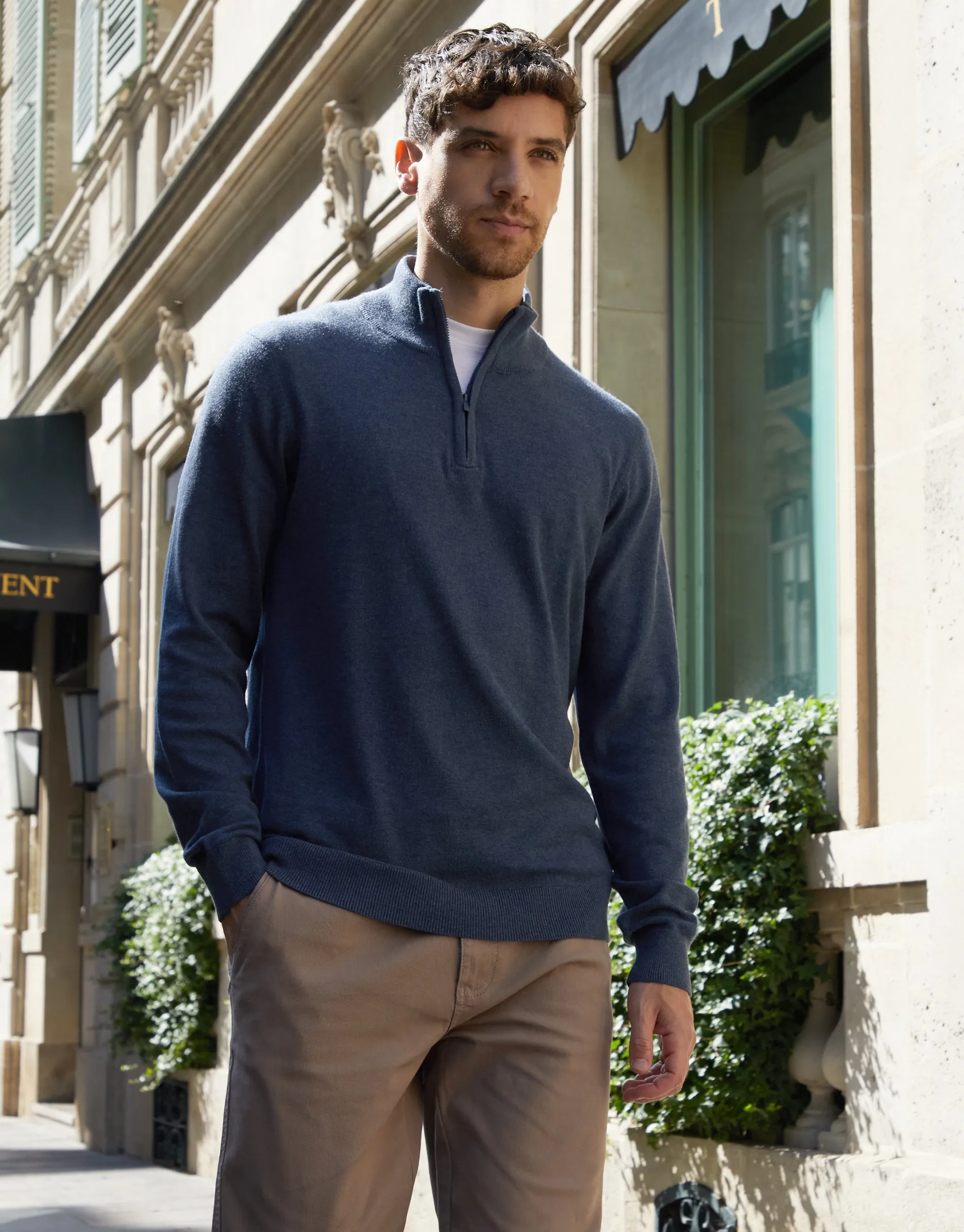 Denim Marl Blue Funnel Neck Quarter Zip Knitted Jumper sold by Threadbare