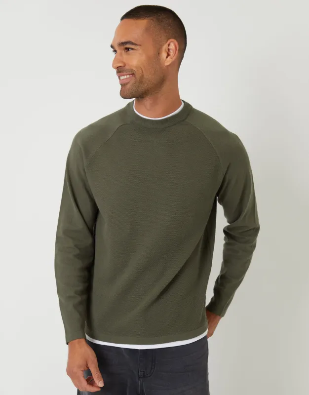 Khaki Green Mock Tee Textured Knit Crew Neck Jumper sold by Threadbare