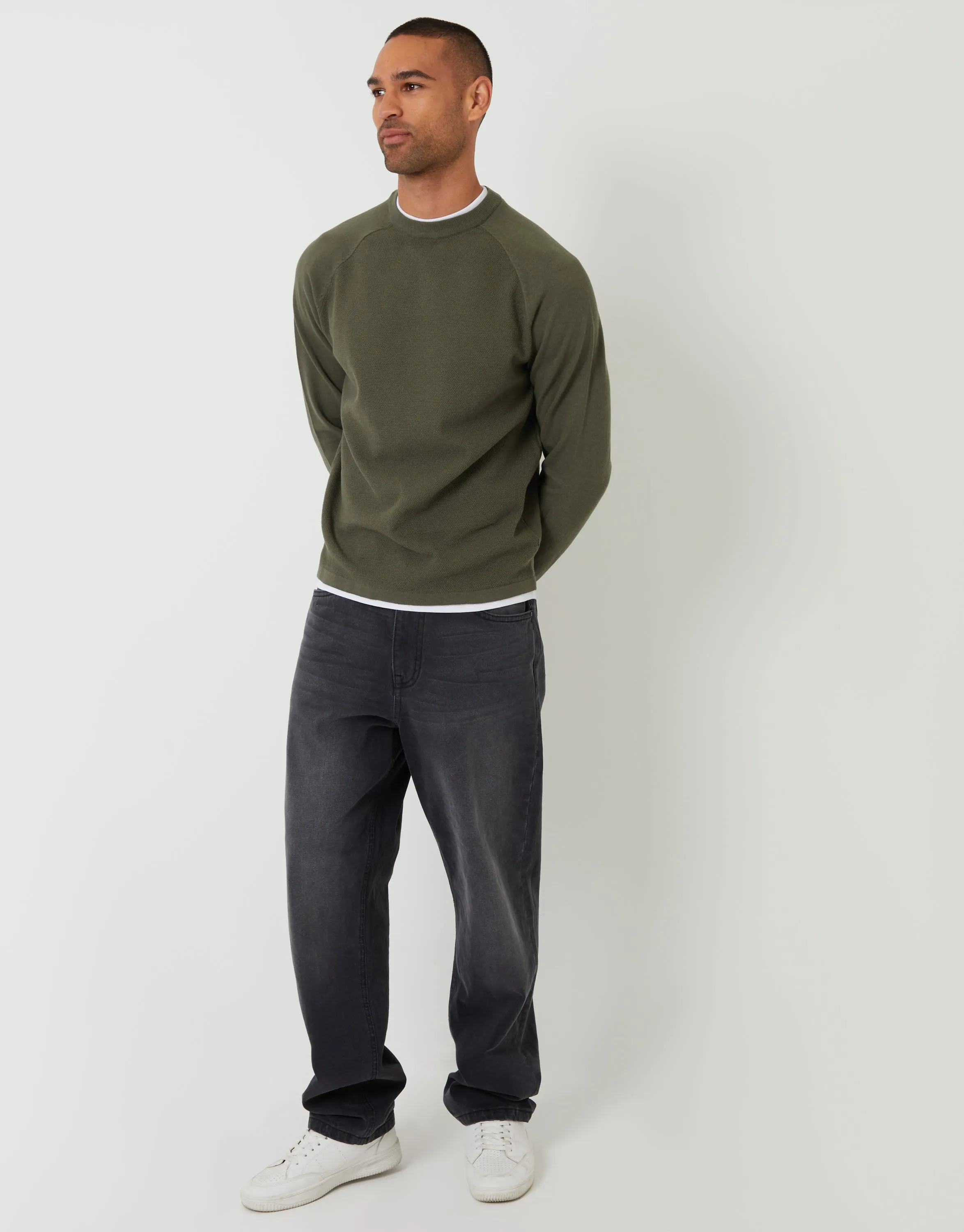 Khaki Green Mock Tee Textured Knit Crew Neck Jumper sold by Threadbare product image thumbnail 3