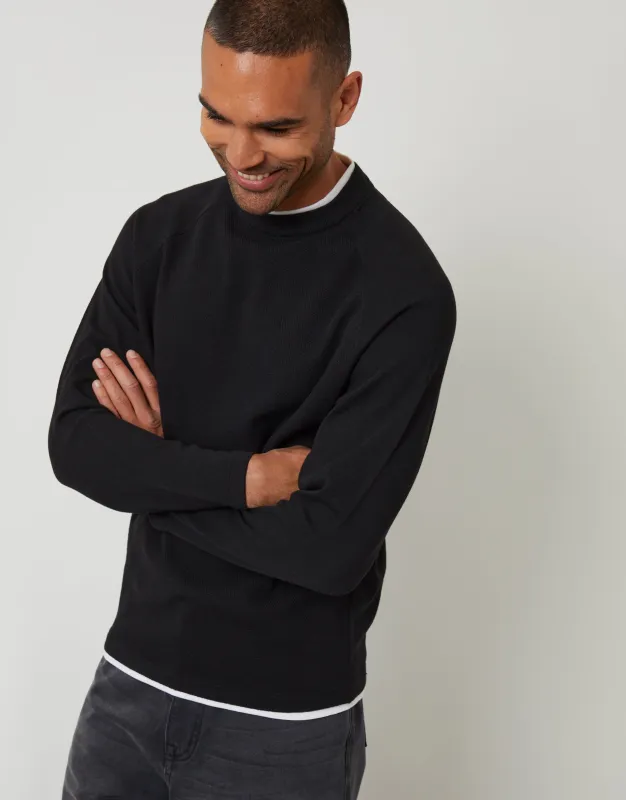 Black Mock Tee Textured Knit Crew Neck Jumper sold by Threadbare