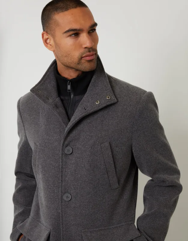 Charcoal Grey Faux Wool Mock Layer Longline Utility Coat sold by Threadbare