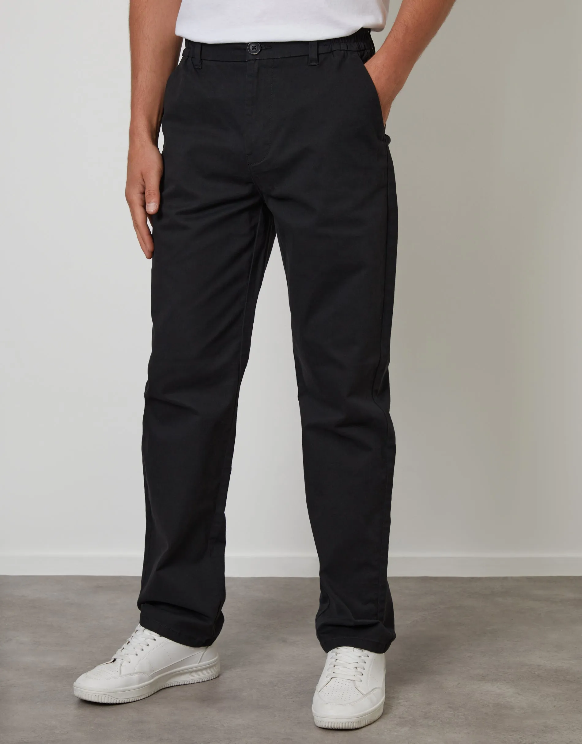 Straight Leg Stretch Waist Chino Trousers in Black sold by Threadbare