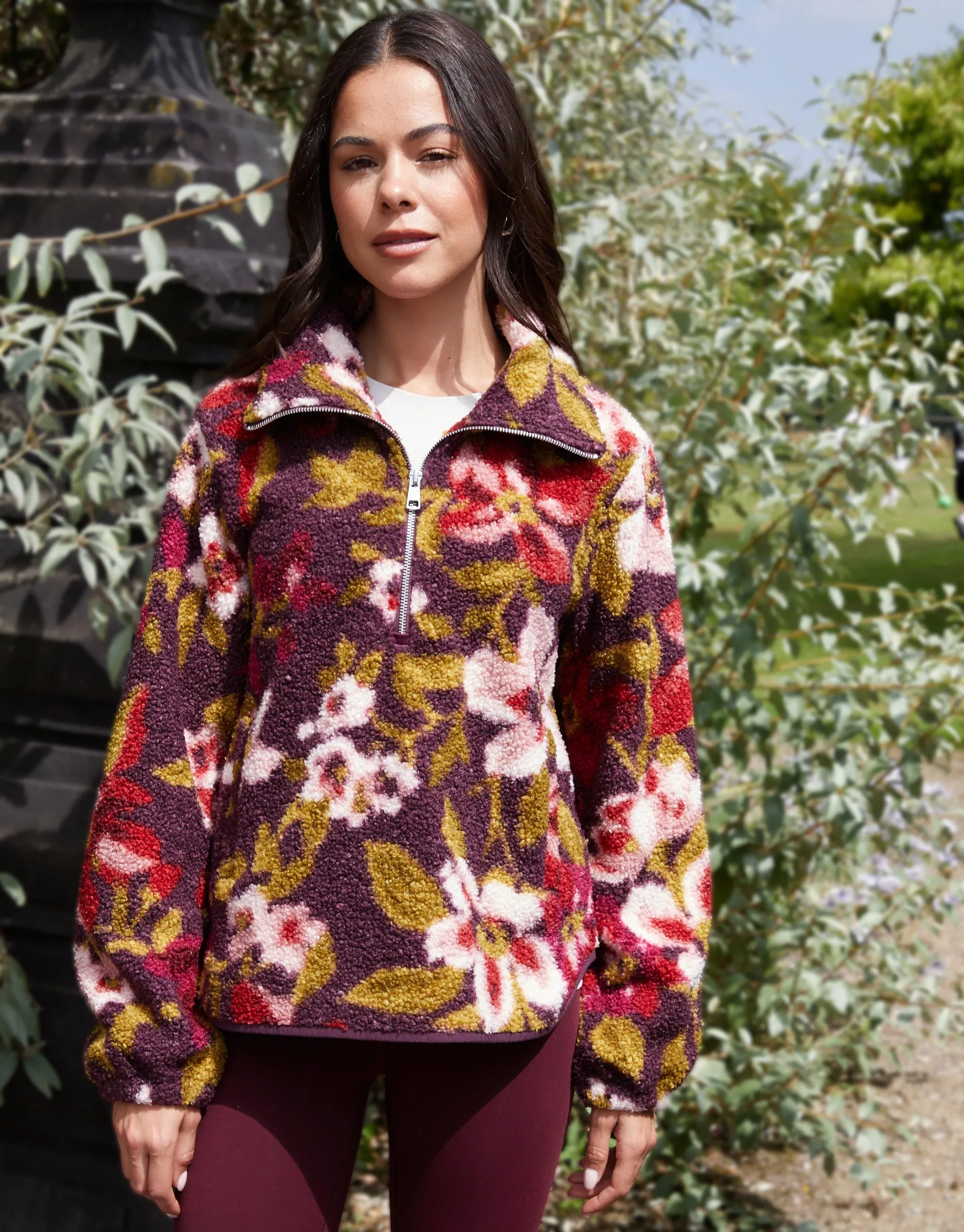 Red Floral Print Quarter Zip Fleece sold by Threadbare