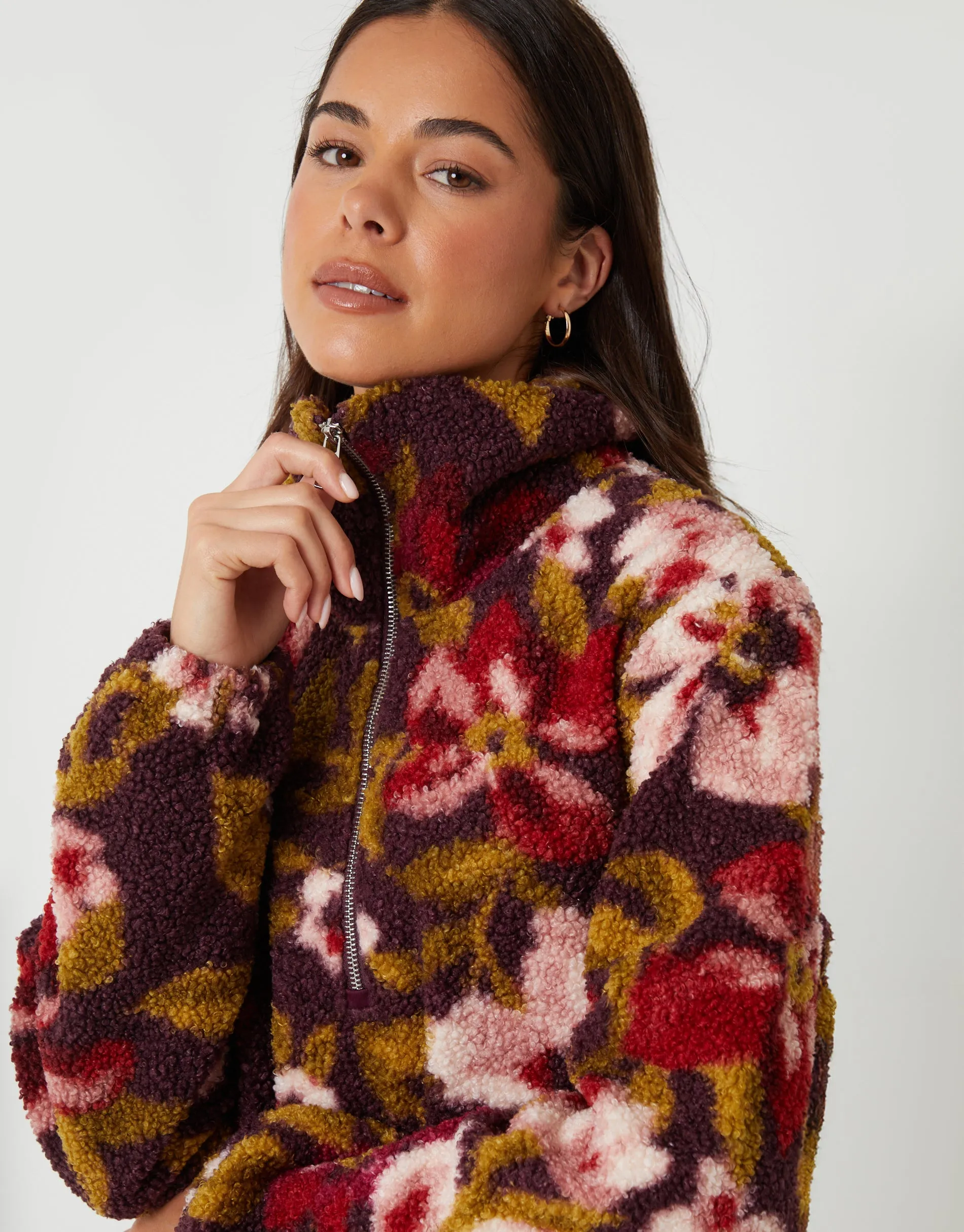 Red Floral Print Quarter Zip Fleece sold by Threadbare product image thumbnail 4