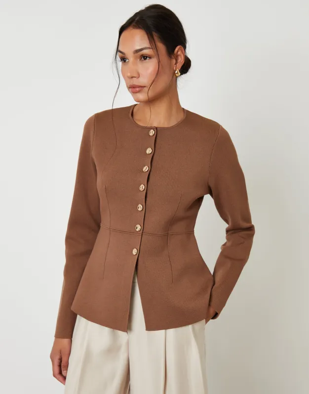 Brown Cinched Knitted Button Up Cardigan sold by Threadbare