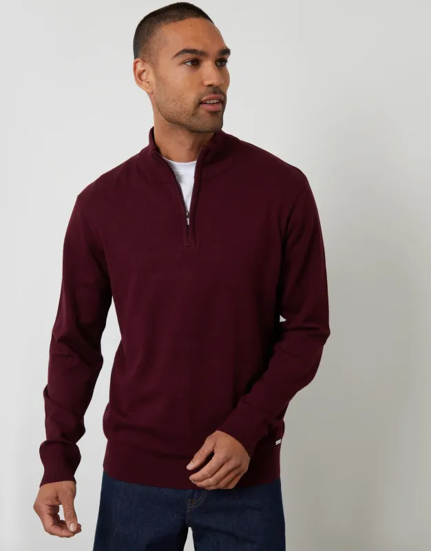 Burgundy Funnel Neck Quarter Zip Knitted Jumper sold by Threadbare