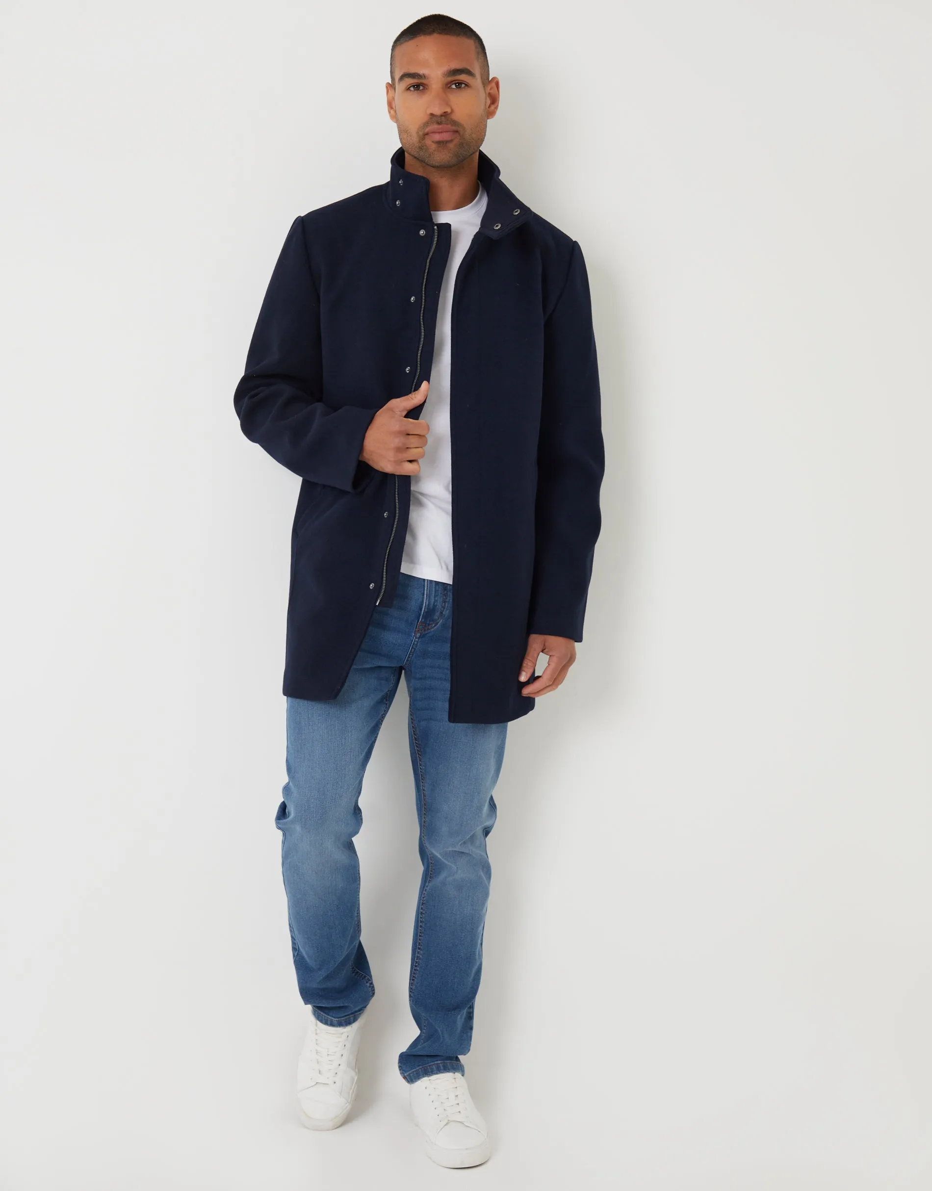 Navy Longline Faux Wool Funnel Neck Coat sold by Threadbare product image thumbnail 3