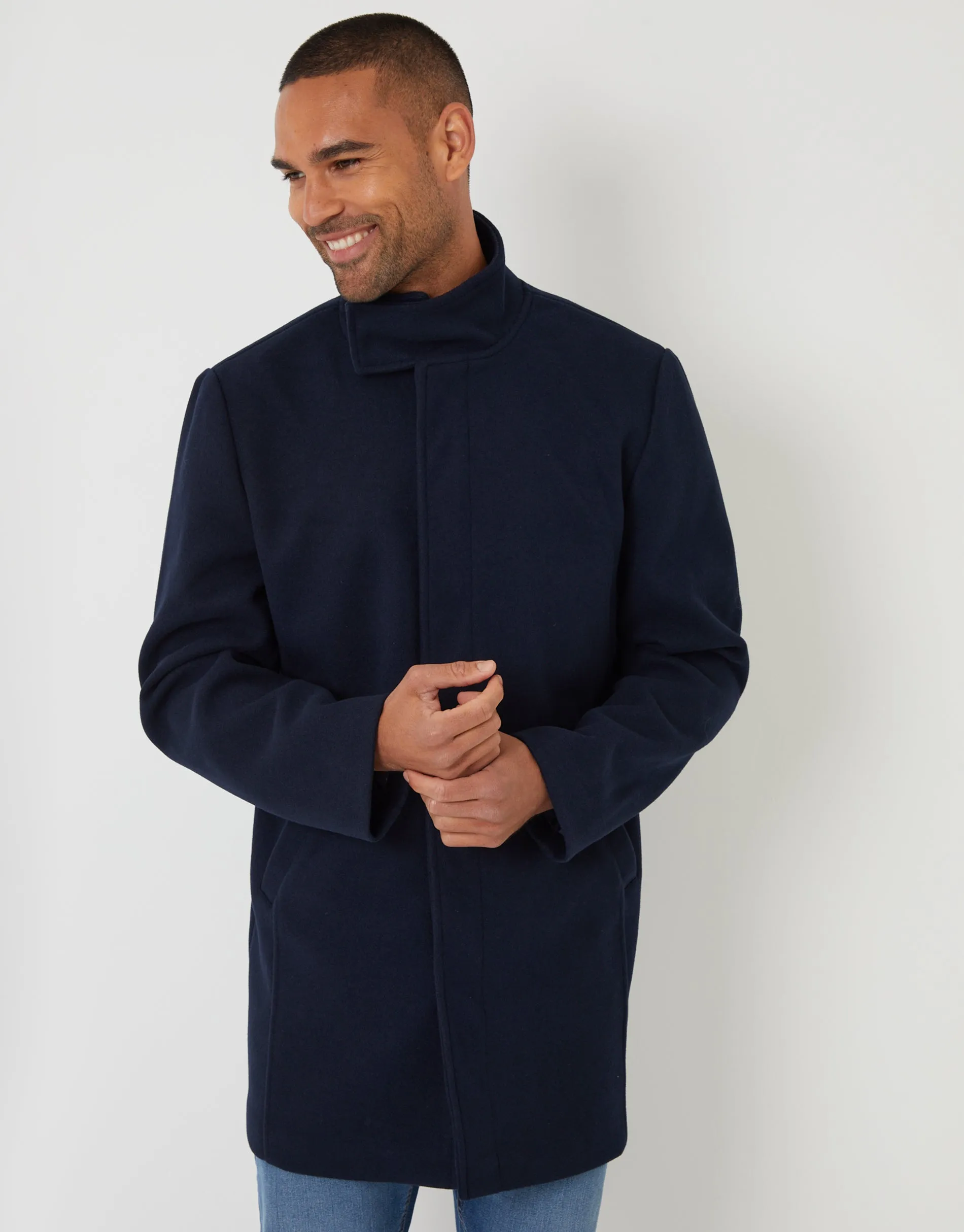 Navy Longline Faux Wool Funnel Neck Coat sold by Threadbare