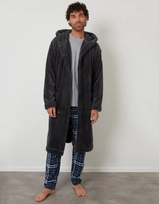 Charcoal Grey Borg Hooded Dressing Gown sold by Threadbare