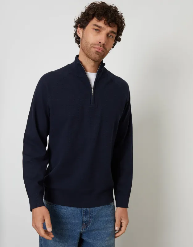 Navy Mock Tee Textured Knit Quarter Zip Jumper sold by Threadbare