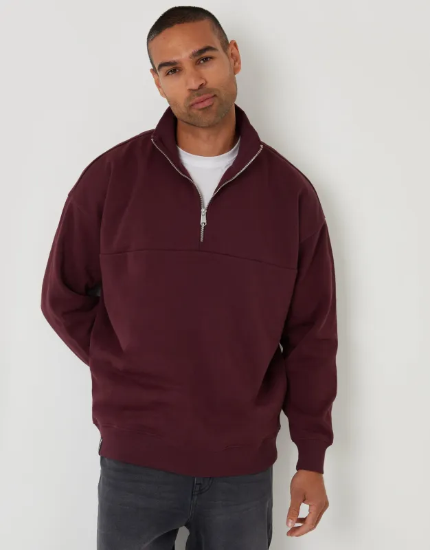 Burgundy Relaxed Fit Half Zip Sweatshirt made by Threadbare