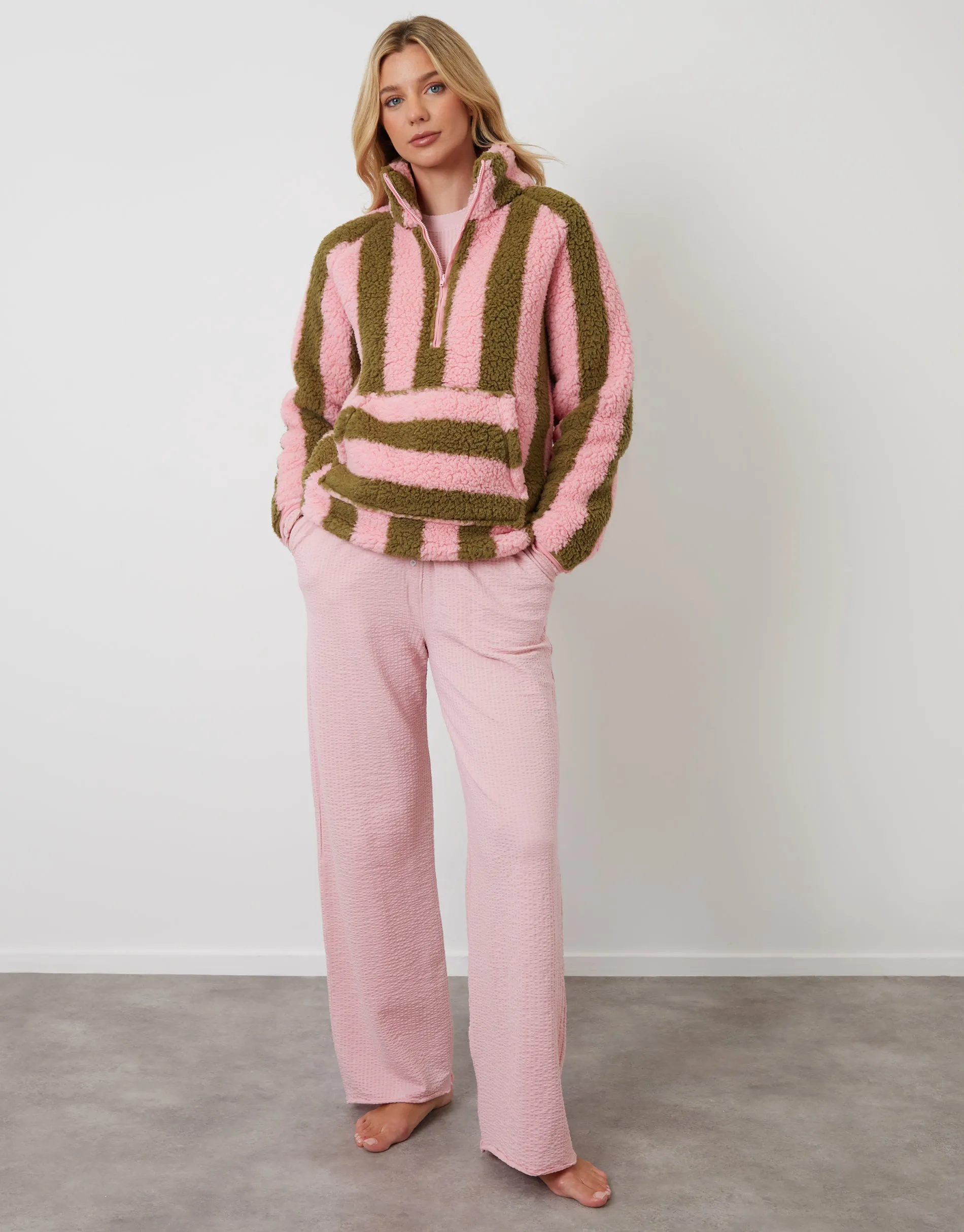 Pink Stripe Borg Quarter Zip Lounge Fleece sold by Threadbare product image thumbnail 3