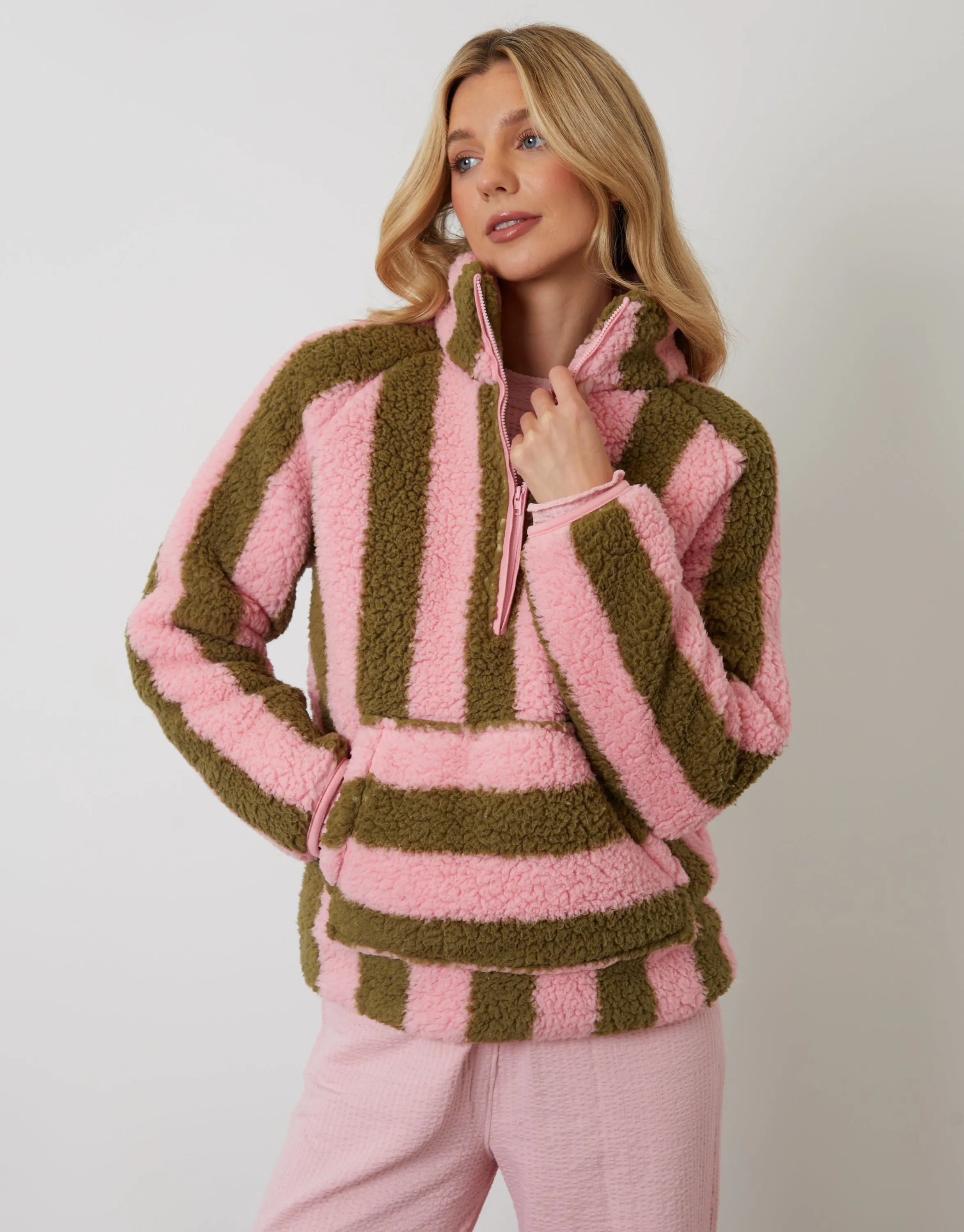 Pink Stripe Borg Quarter Zip Lounge Fleece sold by Threadbare product image thumbnail 4