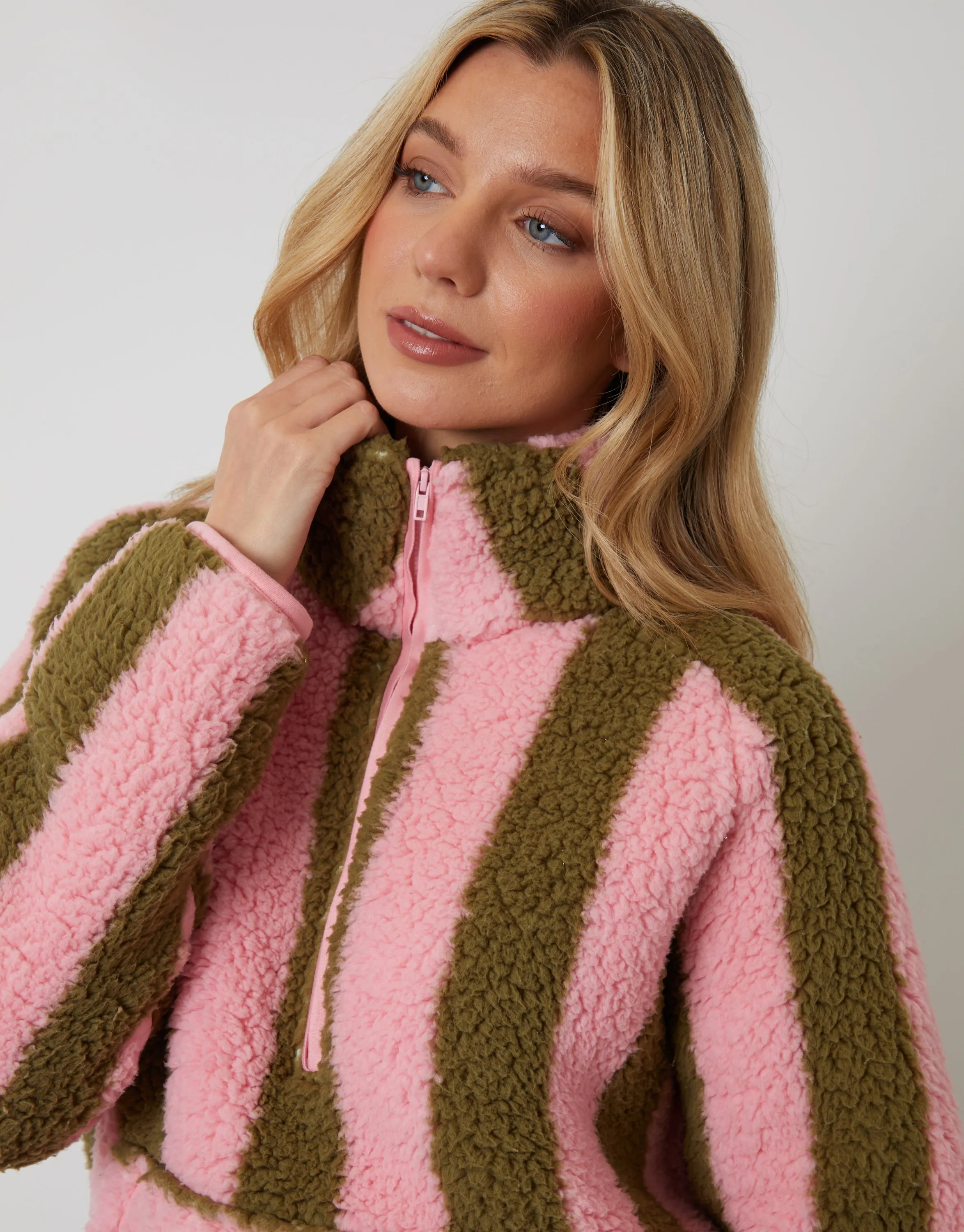 Pink Stripe Borg Quarter Zip Lounge Fleece sold by Threadbare