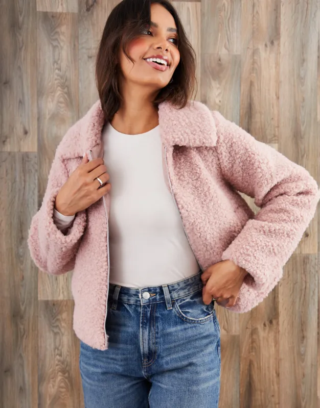 Pink Collared Zip Up Borg Bomber Jacket sold by Threadbare