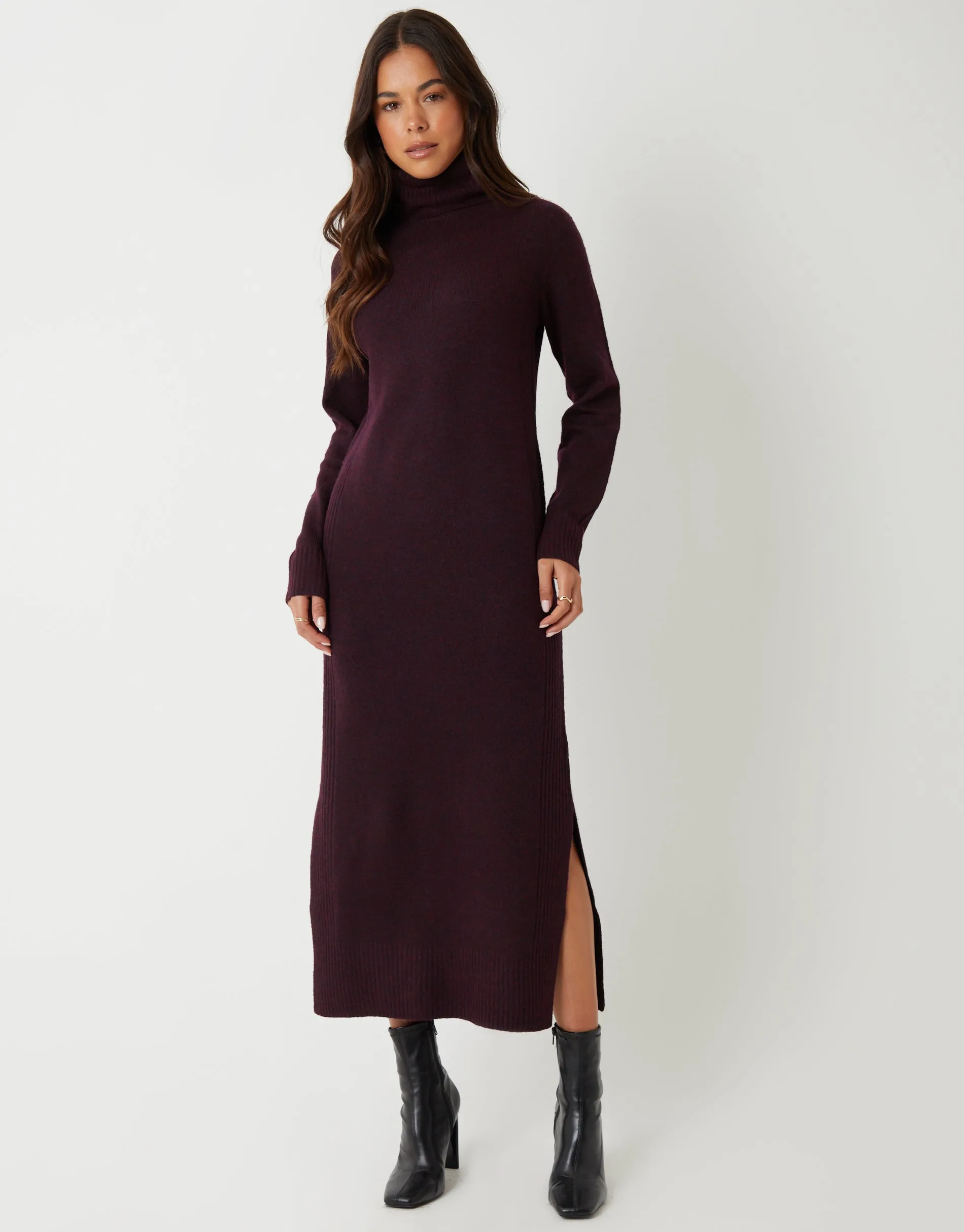 Berry Red Knitted Roll Neck Maxi Dress sold by Threadbare
