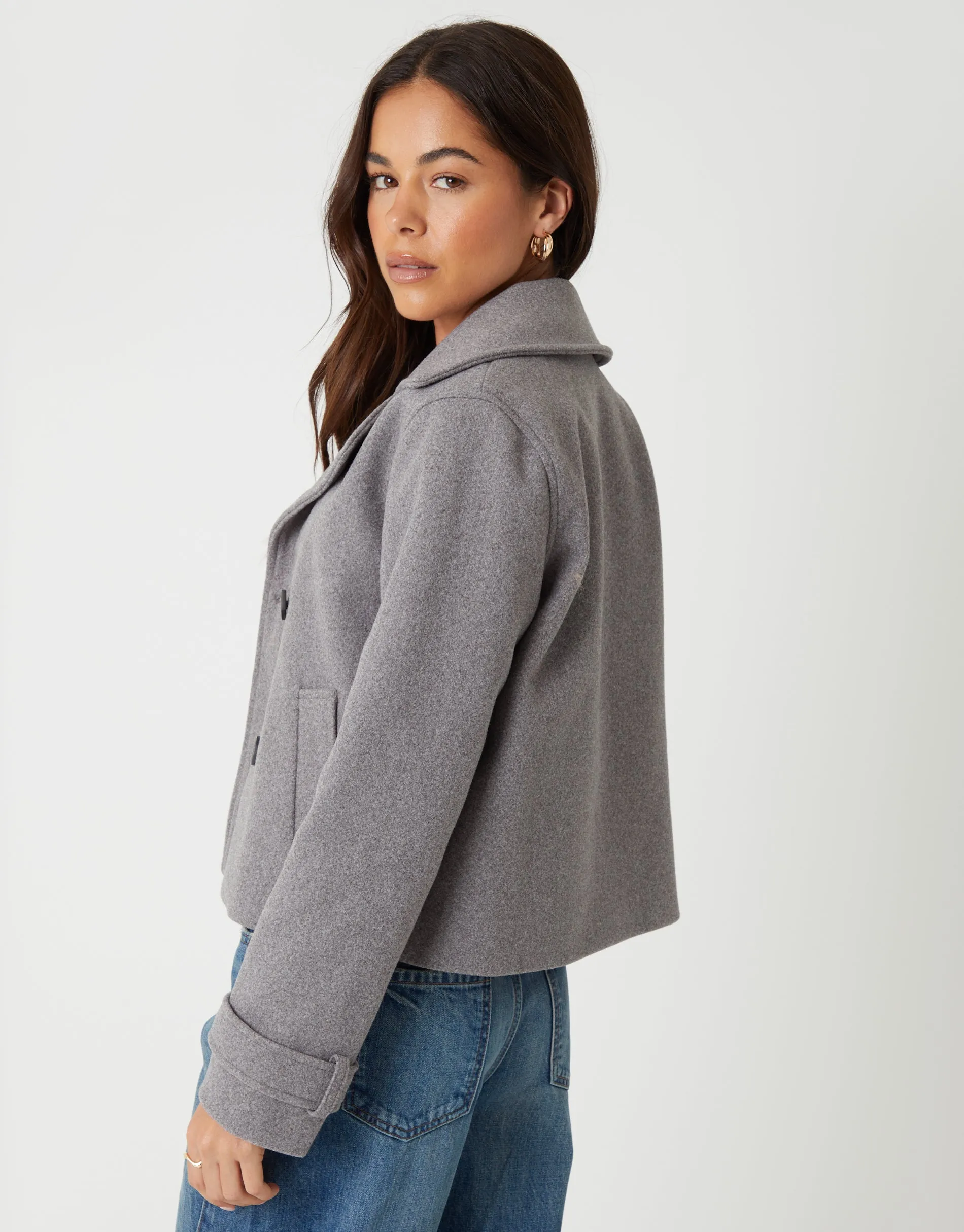 Grey Faux Wool Cropped Trench Coat sold by Threadbare product image thumbnail 2