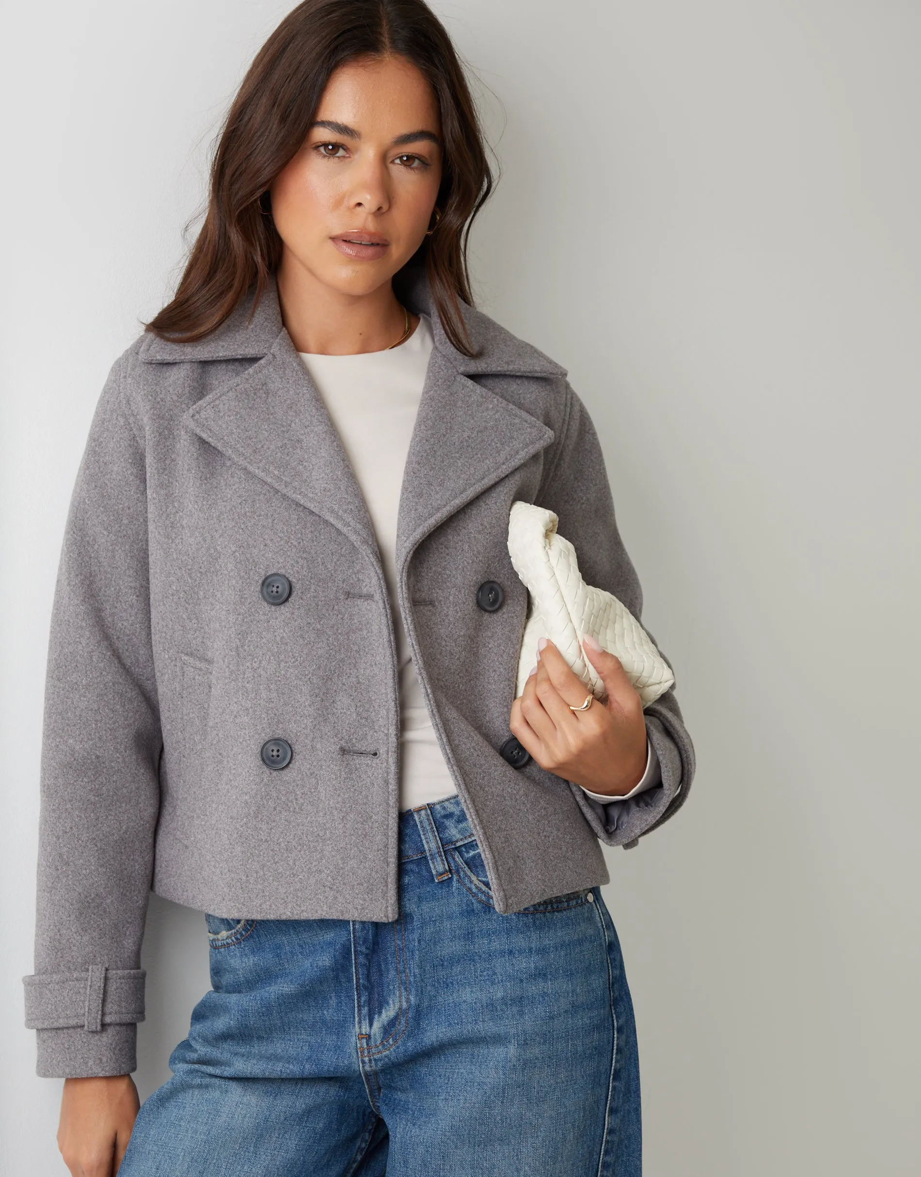 Grey Faux Wool Cropped Trench Coat sold by Threadbare product image thumbnail 4