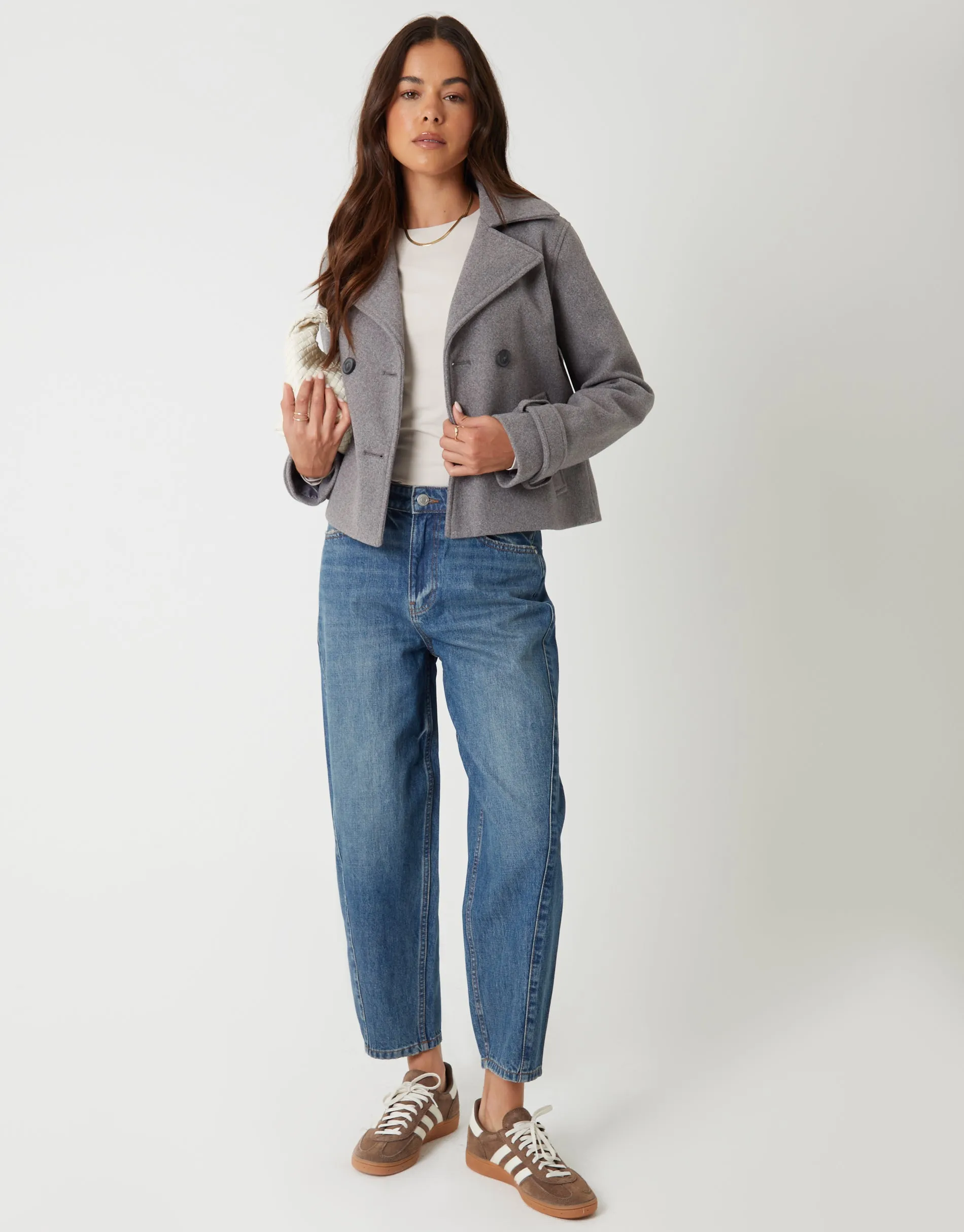 Grey Faux Wool Cropped Trench Coat sold by Threadbare product image thumbnail 3
