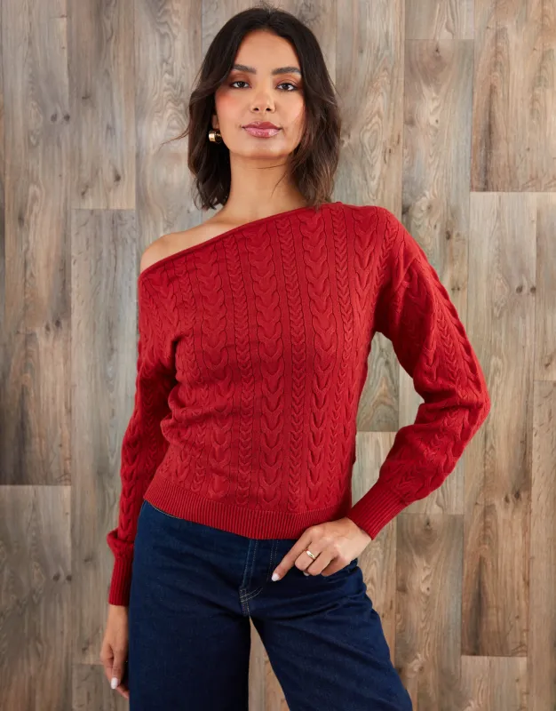 Rust Orange Cable Knit Slash Neck Jumper sold by Threadbare
