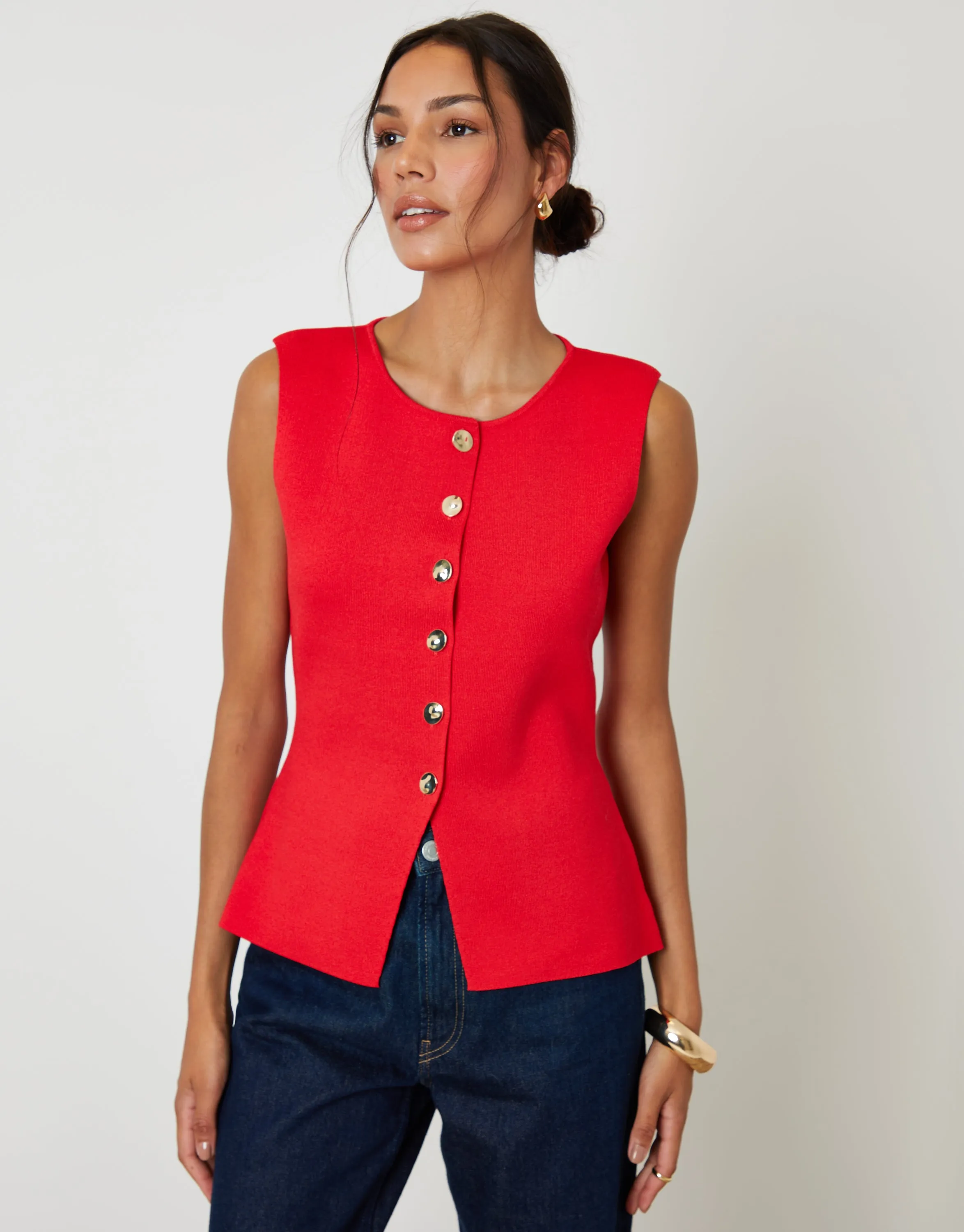 Red Ribbed Knitted Waistcoat sold by Threadbare
