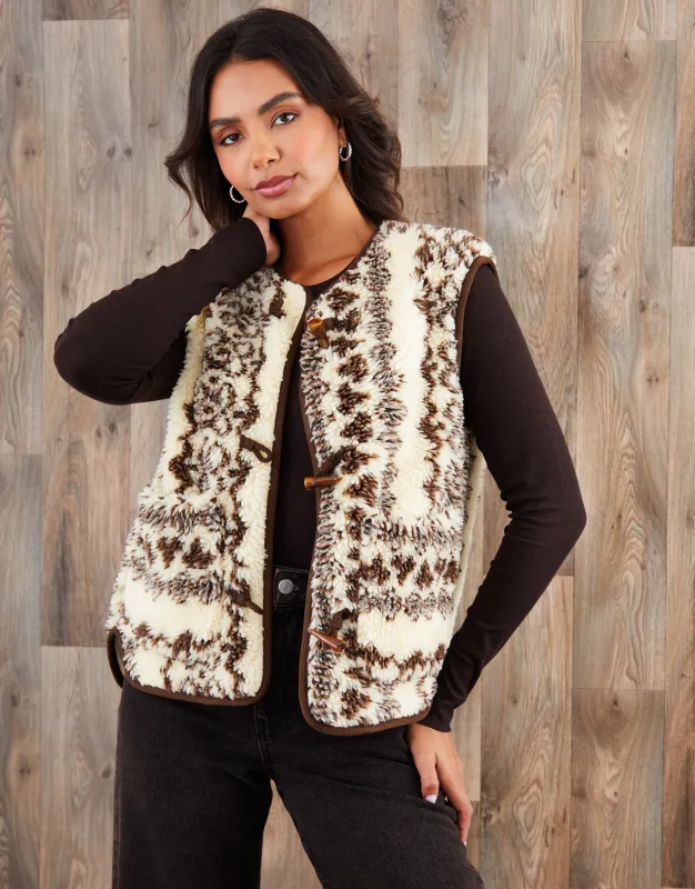 Cream Printed Fleece Borg Gilet sold by Threadbare