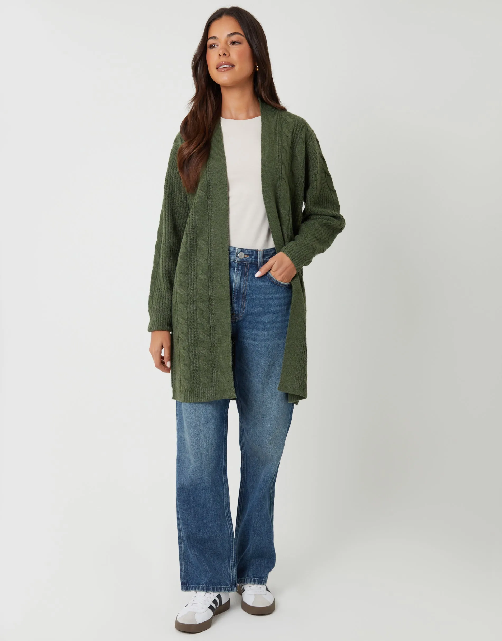 Khaki Green Cable Knit Cardigan sold by Threadbare product image thumbnail 3