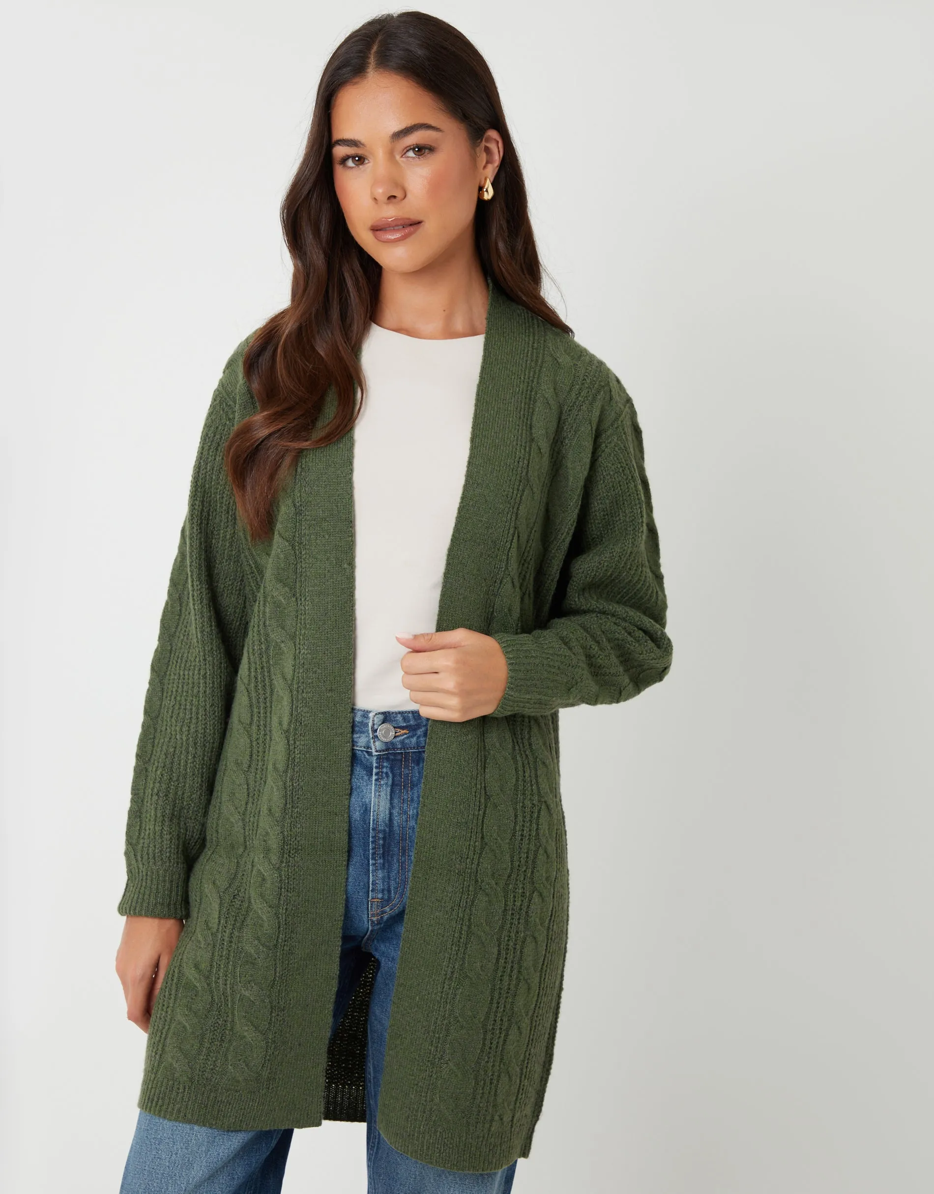 Khaki Green Cable Knit Cardigan sold by Threadbare