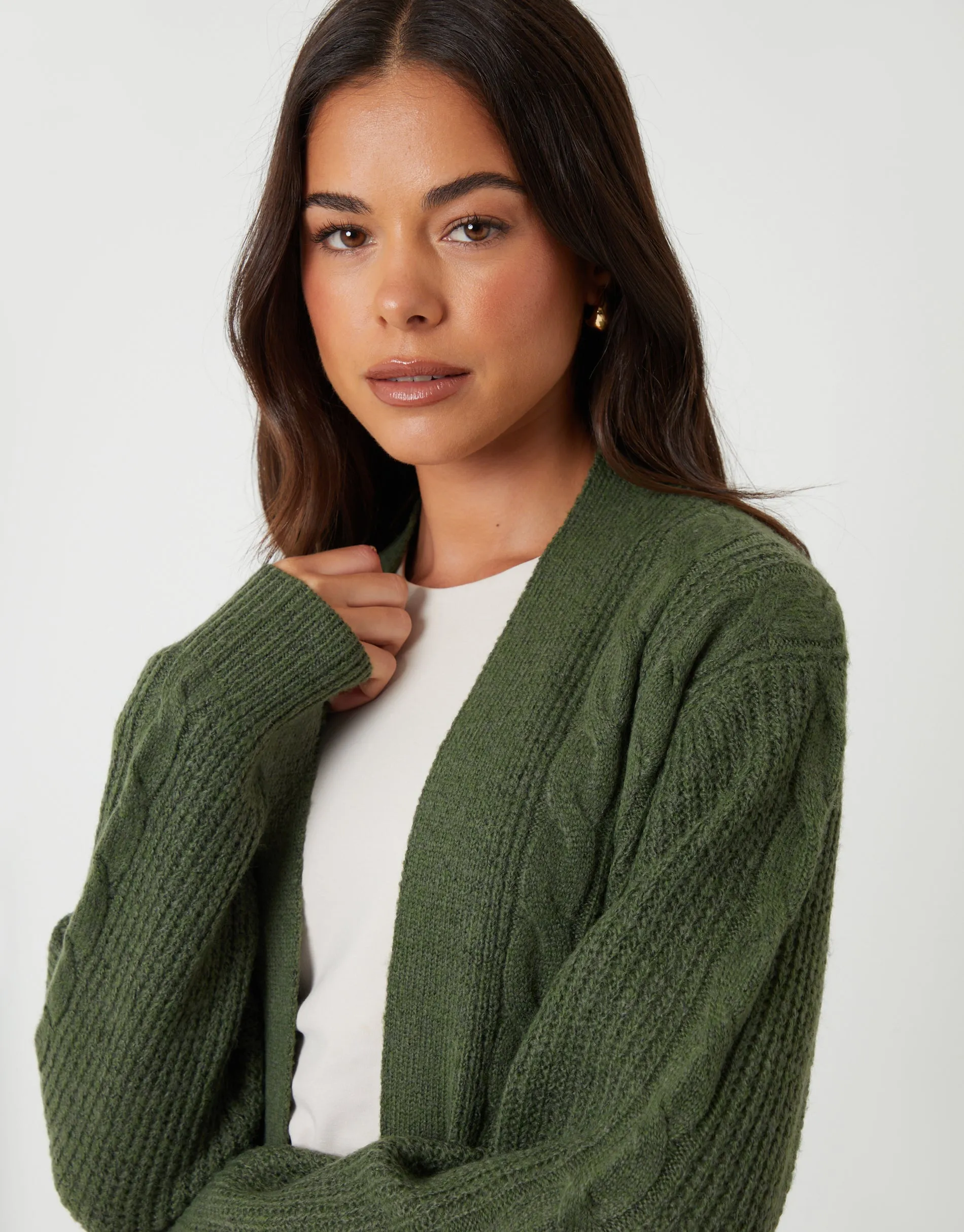 Khaki Green Cable Knit Cardigan sold by Threadbare product image thumbnail 4