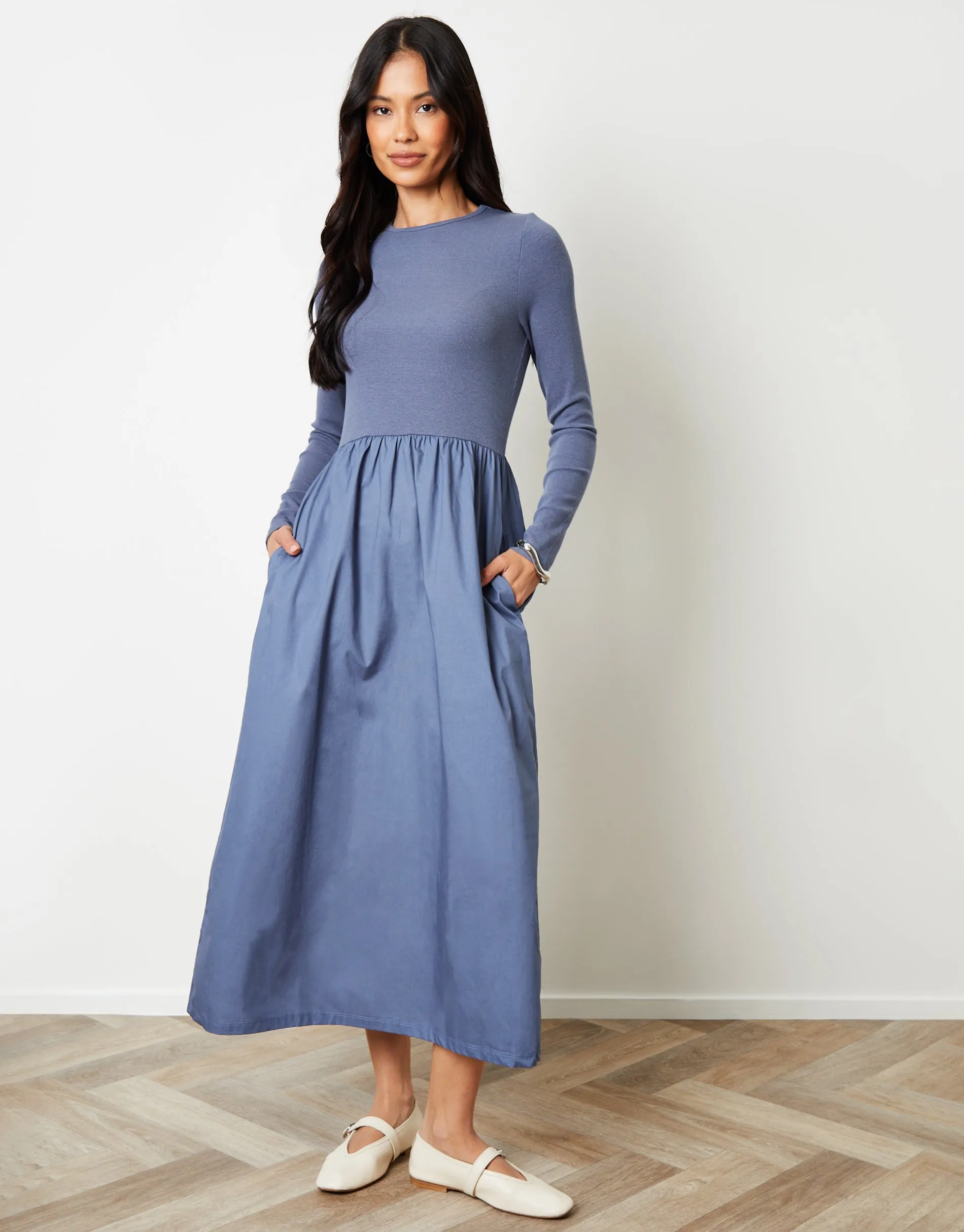 Blue Rib Jersey 2-in-1 Midi Dress with Poplin Skirt sold by Threadbare product image thumbnail 4