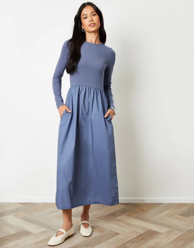 Blue Rib Jersey 2-in-1 Midi Dress with Poplin Skirt sold by Threadbare